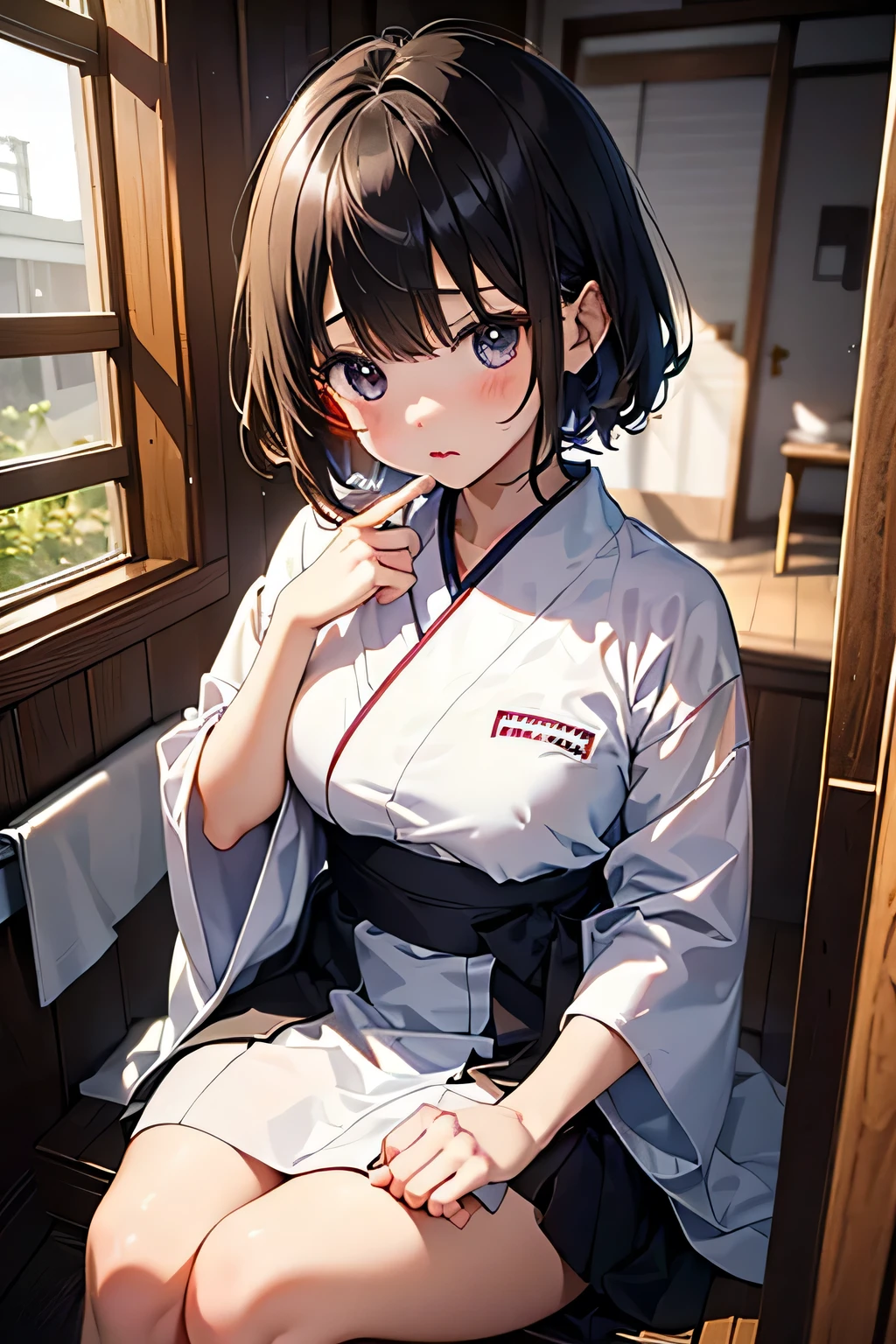 ((masterpiece:1.4、highest quality:1.2))、1 girl、solo focus、delicate face、Highly detailed anime faces and eyes、(conversion sequence)、Slender Beautiful Girl,black hair,short hair,Bob Heyer,bob cut,straight hair,((Blue right eye,red left eye),(odd eye,Eyes of different colors on the left and right))cat eyes,Black cat ears,Nekomimi,cat tail,Bad mood,Wet with sweat,small breasts,tits,hakama,shrine maiden,