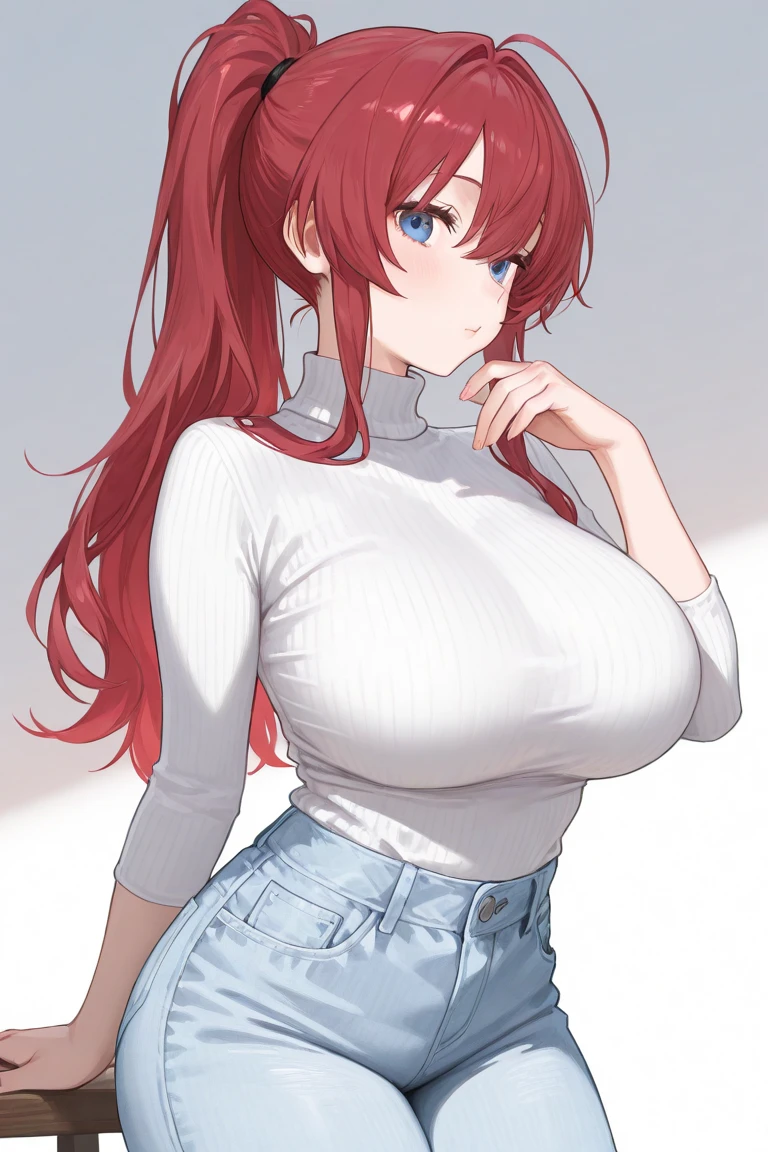 masterpiece、highest quality、High resolution、Very detailed、Medium wide shot、(Big breasted red haired woman)、Waist-length hair、((Angle from the side、profile))、(((Huge breasts)))、((Large areola))、Erect nipples、Embarrassed、Open your mouth、Are standing、Hands at your side、Simple Background、Red long sleeve turtleneck sweater、