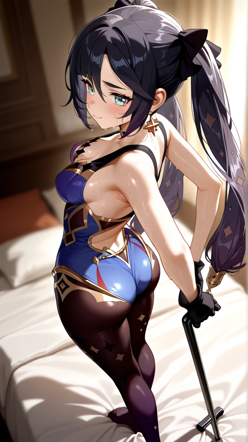 Scaramouche, underbutt, annoyed, ass view, ass focus, on bed, shorts, genshin impact, petite, cute, effeminate, best quality,4k,8k,highres,masterpiece:1.2),ultra-detailed