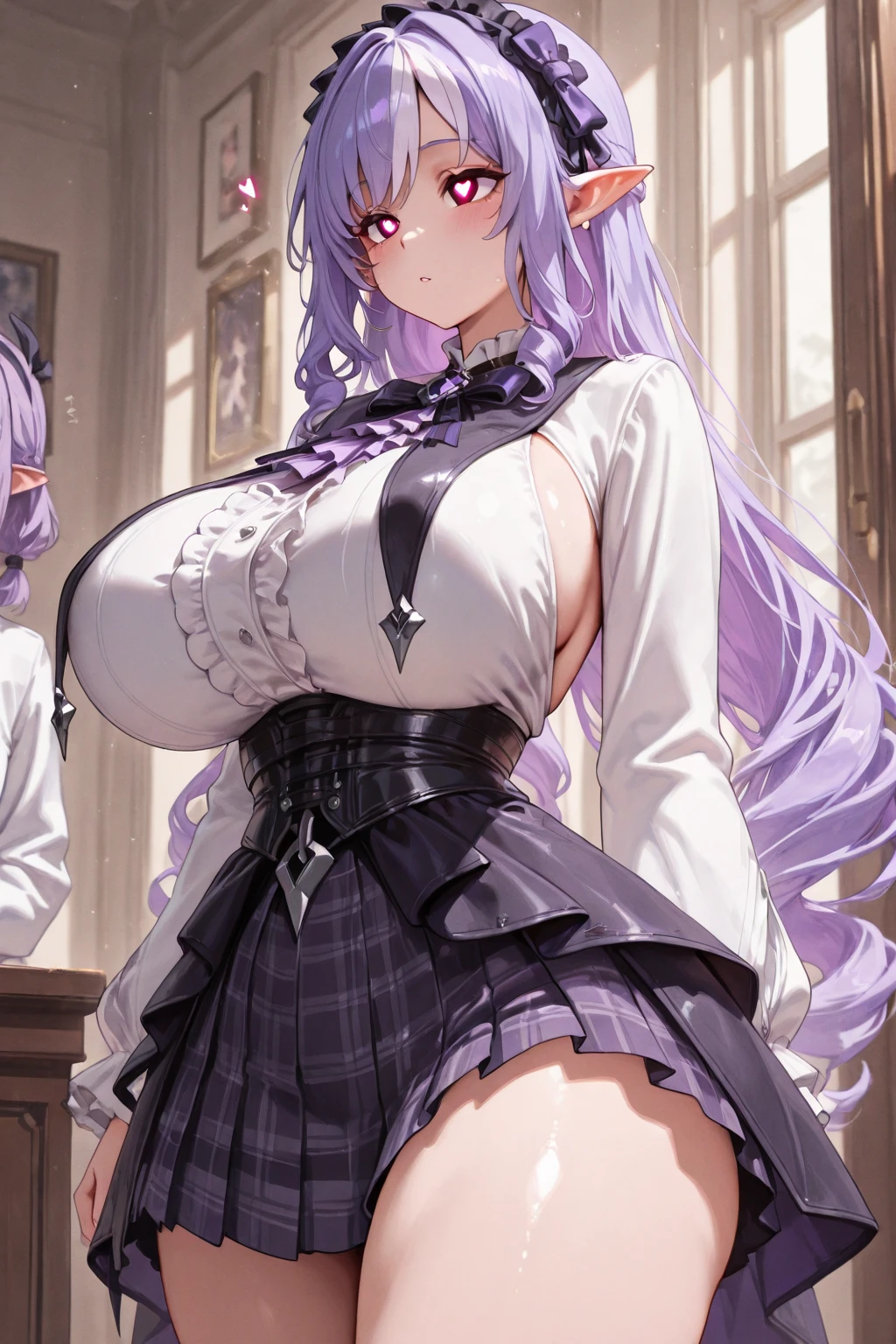 Wolf Woman, Big Breasts, Voluminous purple hair, One girl, masterpiece , Red eyes、Double teeth、tooth、Blushed cheeks、 hd, Head to Chest, buried in my chest、Underbust、Cleavage、Maid clotheaid Brim、Big Tits、Crossed bangs、Put in your chest
