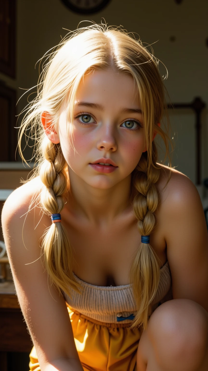 14-yeras old, A thin 1 girl with long blonde braids is performing ballet in a way that emphasizes her body lines., Without clothes, flat chest, Small breasts, Makeup is smudged, extra lessons, Perfect Lips, Braces, freckles, Big eyes,blue eyes, sweating, sweat profusely, Wet, Very detailed, Highest quality, Very detailed face, Perfect Lightning, Ballet Studio, background, Sexy, erotic, Individuality, 4K, masterpiece, naked