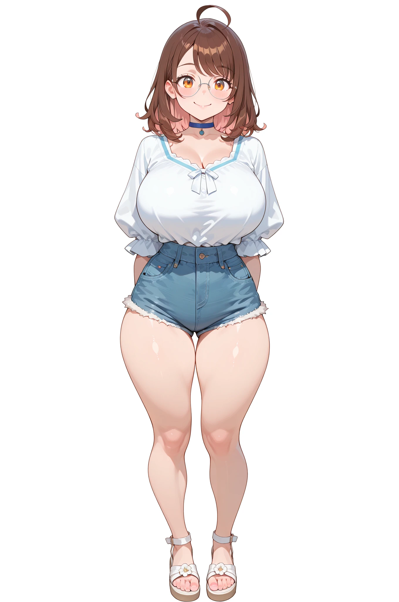Woman with short blonde hair, pale skin, short twintails, wearing a very tight white T-shirt, tight short sleeve, jean shorts, and small black flip flops, large breasts, wide hips, thick thighs, large thighs, thick thighs pressed together, small feet, feet, slender toes, 5 toes on each foot, white nail polish, lip gloss, white background, small smile, standing up