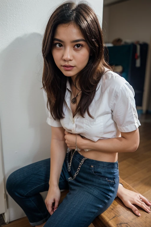 Girl in bra and tight denim panties posing for photo, full shot, Gloomy colors, lack of light, ruined area, slum, slim body, smaller bust, slim girl model, 12-year-old female model, on the floor, the floor is dusty thick layer of dust, pink panties, Moss, dust, pink bra, too wide, patchwork underwear, wrinkled fabric, rotten, old dirty underwear, dirty skin, skin with many marks, blood on clothes, bleed, scars, dusty body, dirty body, gory, injured, tangled hair, wound, bandage, Blight, drenched, sweat, water, extremely painful, tired face, raped, tear clothes, hungry, being abused, sick and hungry, weak, diseases, fracture, break bones, bones protruding, no clothes on the body, was killed, dying, No makeup, strange appearance