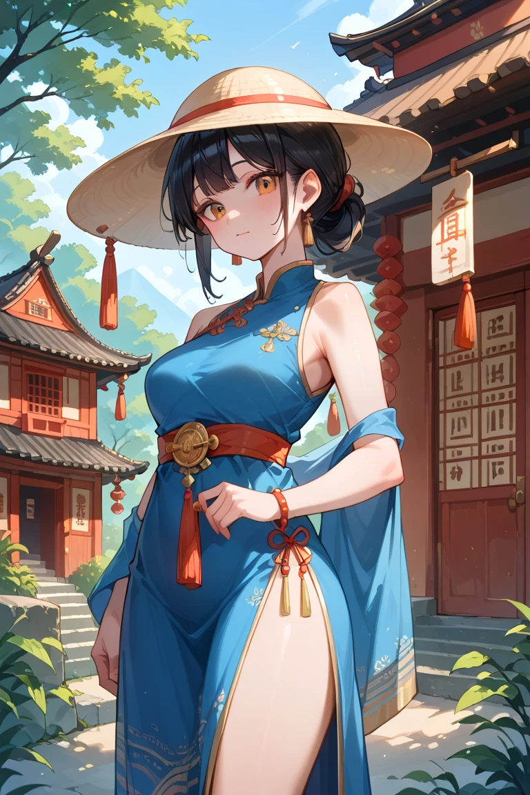 a woman with soft white skin, black hair tied with a cap on her head
Wear a blue-pink women's Thai dress, thai dress,
, an ancient Thai town house, There is a golden pagoda,
Anime style,