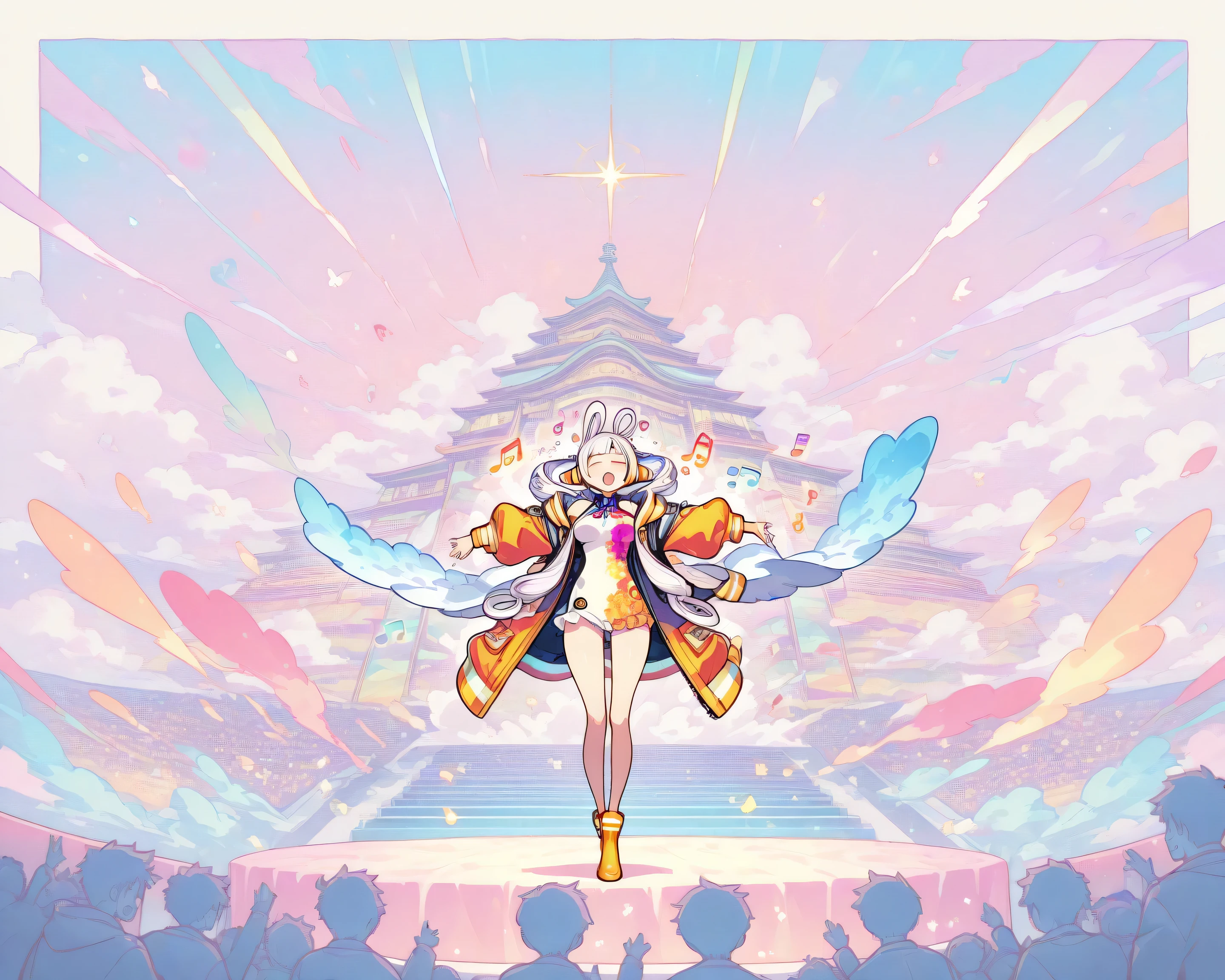 Uta from “One Piece Film Red” performing a fantasy concert on a vast stage, wearing a radiant, colorful outfit emitting a mystical aura. Beams of soft light rise into a pastel-colored sky, with floating musical notes and silhouettes of cheering fans. The entire scene is rendered in a delicate watercolor style, with soft, bleeding colors and gentle brushstrokes creating a dreamlike atmosphere.