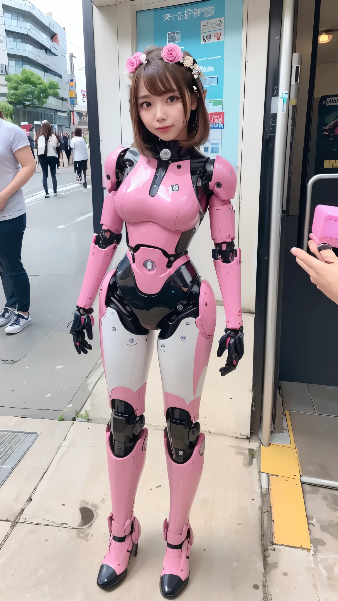 (ultra best quality、in 8K、masuter piece、delicate illustration、full body Esbian),(Wearing a pink and white Iron Man suit), Beautiful and bewitching Japanese office lady、Plump body、A dark-haired、bob cuts、The best smile、Bustling street、