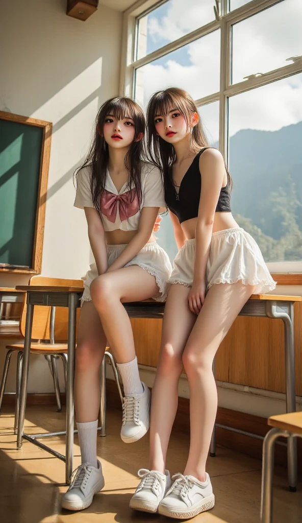 masterpiece,Exceptional image quality,Ultra-high resolution,Beautiful 16 year old girl in Japanese clothes ,sitting at a desk in the classroom,Legs open,In the classroom,evening,Skimpy white panties,Wear smaller leather shoes,Front view