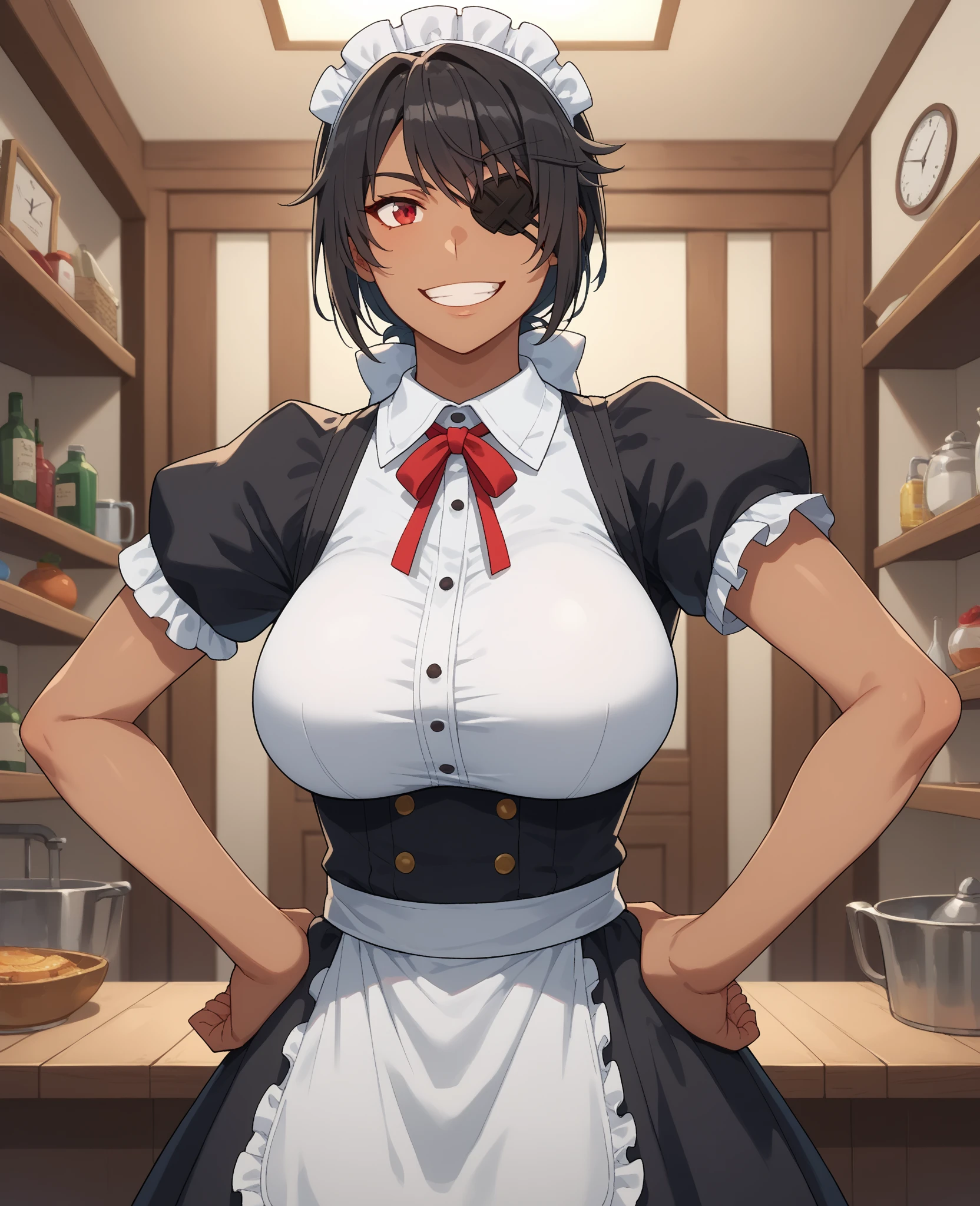 (dynamic angle:1.3, front view:1.1, breast focus:1.3, from above:1.1), (dynamic posing:1.2, sexy posing:1.2), (seductive smiling:1.3), ((holding Pasta on a plate,Taking the pasta out of the pan, worried about the outcome:1.2)),highest quality、(real、photorealistic:1.4),(ultra high resolution, 8K RAW photo, clear focus), best qualtiy, natural lighting, field depth, (Bright pupils, detailed beautiful eyes, high detailed face), Red lip, (tight focus:1.2), a girl 22yo old, Wearing a pastry chef uniform:1.3 , Thicc, thin breast, long hair, blue eyes,garter stocking, cleavage:1.2, midriff, black shorts, black thighhighs, thigh strap, pretty girl, (highly detailed beautiful face and eyes,firm breasts),real skin,((black,hair,long pony tail hair)),thin pubic hair,cute,lovely, detailed eyes,(double breasted:1.0,under bust:1.0),(with sparkling eyes and a contagious smile),open mouth, Looking at Viewer,A scene of make cooking Carbonara Pasta  in the kitchen
