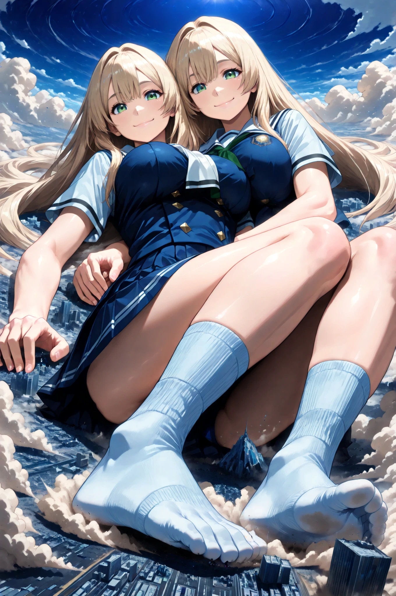 ((lying on the ground super close super close big boobs super close hands super close)), twins, clone, Yuri Hug,
(very super big breasts, moist female body, beautiful skin, Clothed woman, summer schoolgirl uniform, miniskirt, white socks, Rin々Shikumo's smile is cute smile),
(((super yotta over size giantess:1.3))), ((Extremely detailed and ultra-fine ultra-tiny cities, collapsing city, Dust cloud, Catastrophic World Collapse Depiction)), Outdoors(From directly below the giant:1.3),
(Super quality Best masterpiece, Highest image quality, super high resolution, Super precise real art quality, daylight, Very accurate RAW correction), best quality, The sky is high,
((accurate 3Point perspective drawing, Very Accurate Perspective Depiction, Ultra-wide field of view, the closer it is, the more super huge depiction)),
Rubble Mountains, Tsuchi-Tsunami, The ground rolls up, (((A sense of dynamism that destroys, Depiction of a Super Giant Woman with More Super Huge Impact))),