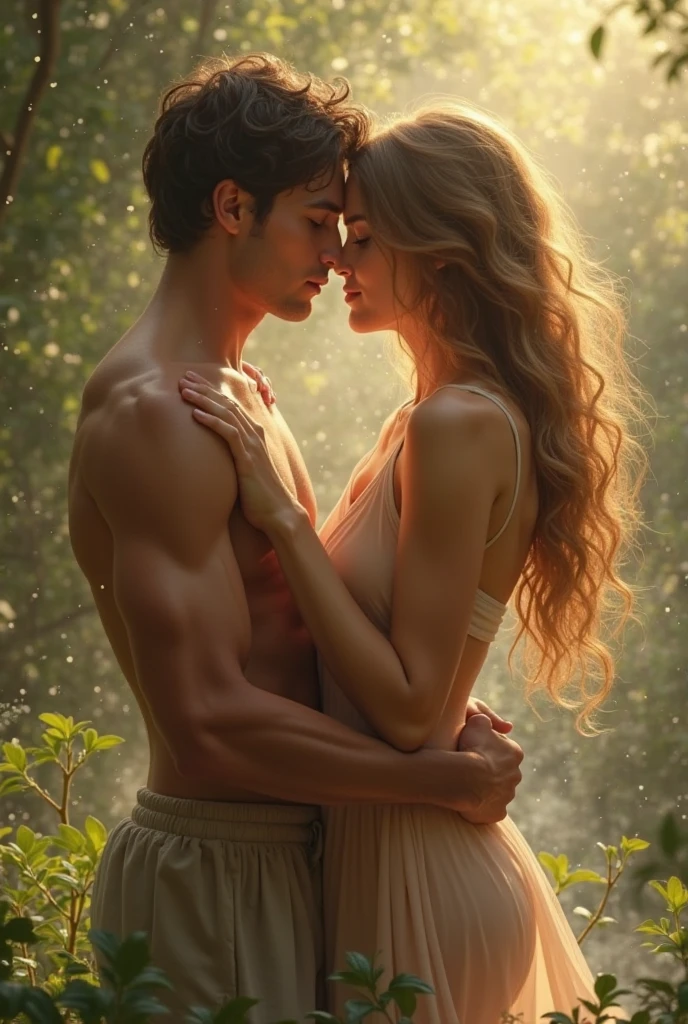Descreva uma imagem de Adam and Eve's picking fruits from the trees in the enchanting garden of Eden with Adam. Adam is in his 20s, short curl light brown 7" hair, green eyes. Eve is in her mid 20s, emerald color eyes, extremey beautiful, long light brown hair, dressed in leaves. emanating a divine aura and looking directly into the camera with a penetrating and compassionate gaze. The scene around him radiates a sense of serenity and transcendence, com cores suaves e uma atmosfera celestial. Highlight the details of the expression on your face, the sparkle in your eyes and the sense of peace and grace that your presence radiates in this sacred moment, 32K UHD, Style Raw, Afternoon sun, warm tone, cinematic
