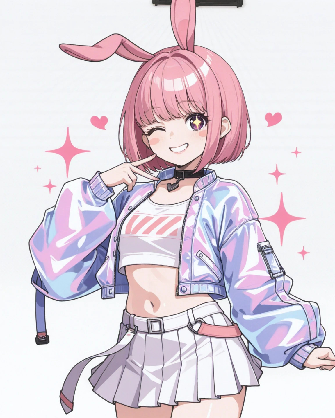 1 girl,pink short hair,pink cat ear,pink detailed eyes,glasses,blush face,white t shirt,pink jaket,big breast,white short pantai,tight legs,long legs,silly pose, sweating body