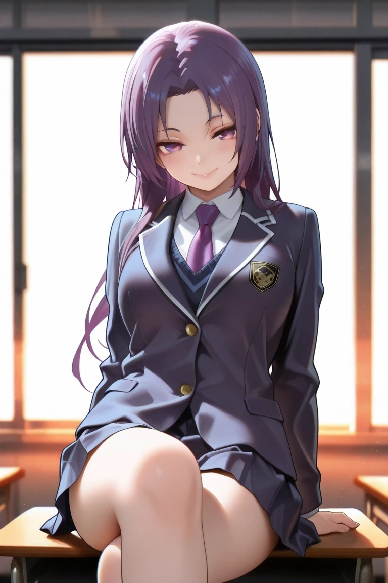 2d, masterpiece, ((squating)) white panties, best quality, full body, full pose, anime, highly detailed, cowboy shot, 1girl, solo, yuri, purple hair, purple eyes, long hair, hair between eyes, hairclip, school uniform, blazer, brown sweater, collared shirt, neck ribbon, blue skirt, thights, black pantyhose, black school shoes, clenched hands, smile, teeth, outsite street background