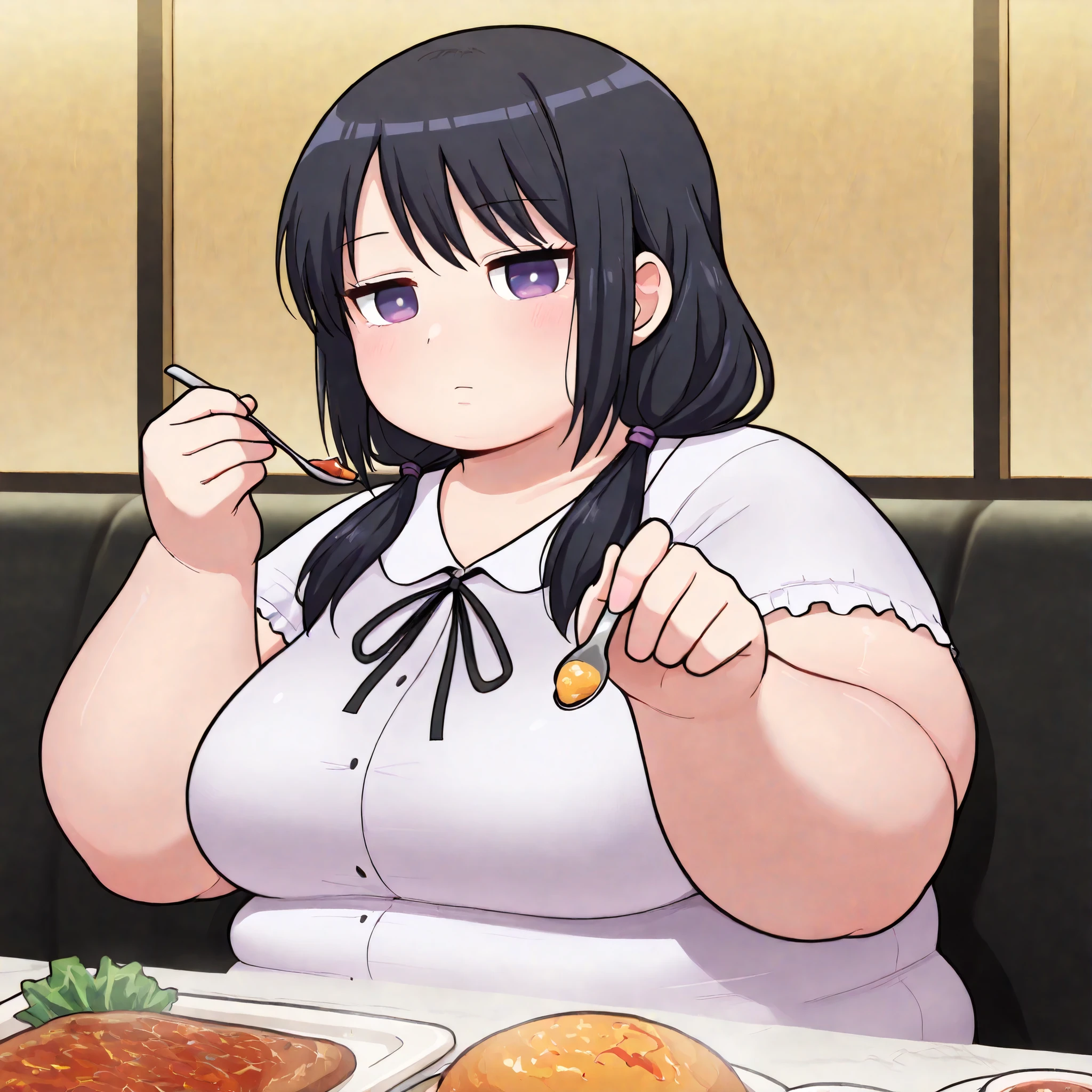 high resolution picture, masterpiece, best quality, amazing quality, official art, solo, 1girl, Tamura yuri, from watamote, black hair, bangs, sidelocks, purple eyes, medium breasts, incoming food, spoon, holding, holding spoon, food, looking at viewer, , restaurant, plate, hand up, fat, chubby, obese, gigantic arms and legs, large breasts , from side ,side view expressionless,