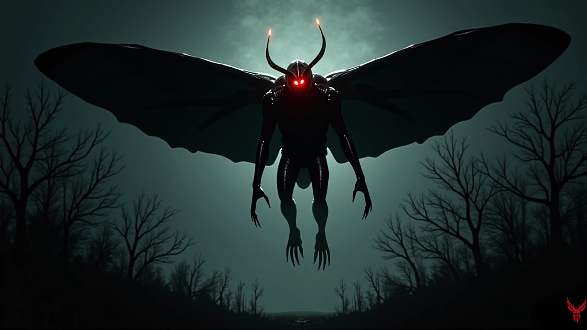 A low quality night image, as if it had been taken with a cell phone, capturing a realistic scene in the backyard of a house. En el centro de la imagen, a distant and frightening figure of the famous Mothman is half descending from a tree, almost touching the ground. He is far away, but it is still possible to distinguish that it is a human anomaly with huge wings and red eyes, that do not shine, but they stand out in the darkness. Despite the poor image quality, its open wings and descending posture are visible. Grainy texture and visual noises add to the sense of mystery, as if something supernatural was happening in an ordinary place. The presence of the Mothman in the backyard, In the Midst of the Darkness of the Night, creates an atmosphere of tension and amazement, with the figure looking like it was about to disappear into the shadow of the trees.