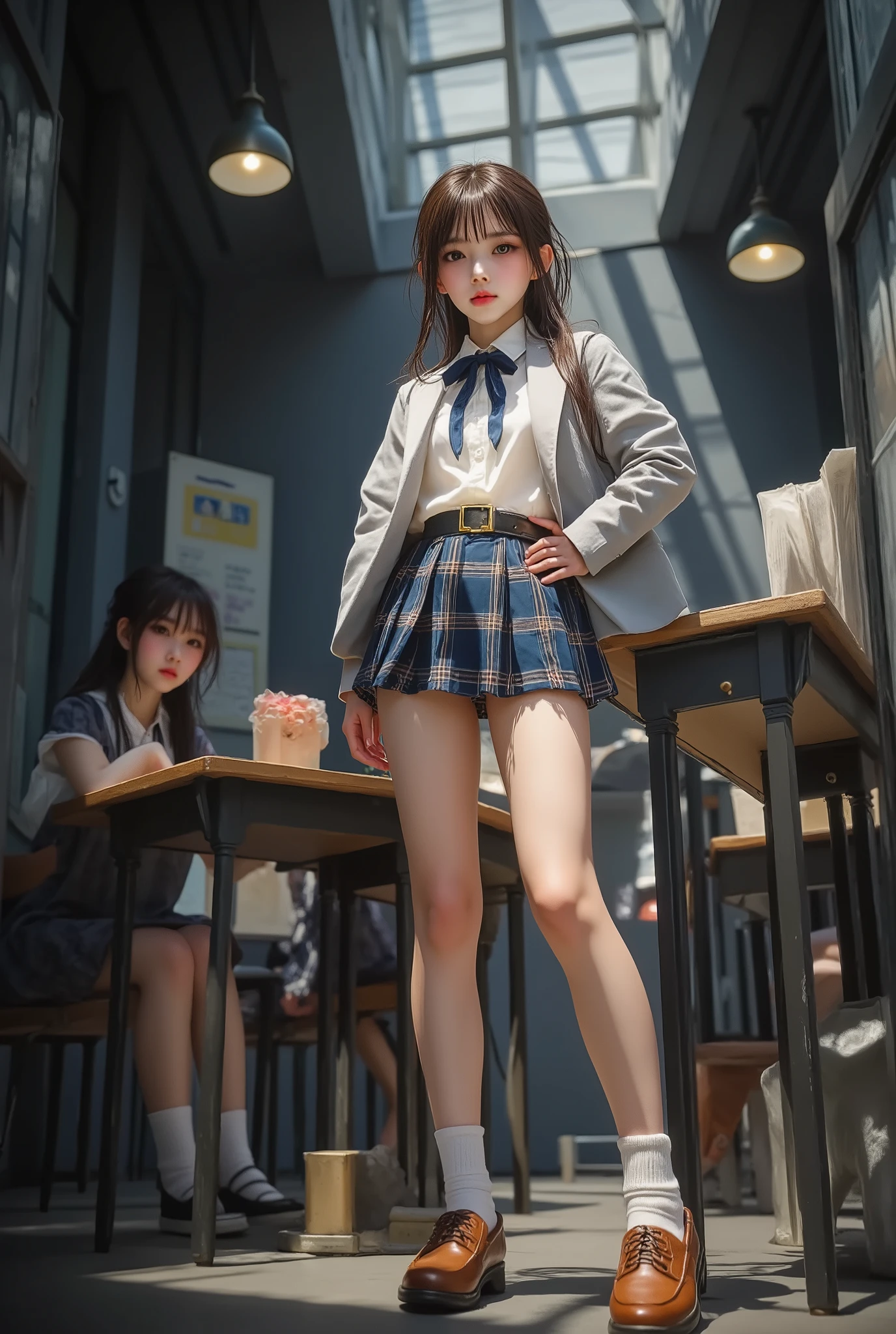(light smile), (smile), (grin:), in the night, (full body shot:1.2), cute ung girl,cute young girl, (from below:1.4), (Worm’s-eye View:1.2), (wide-angle lens:1.3), (lower angle:1.3), (flat chest:1.4), (full body shot), (long legs:1.6), slim body, thin legs, thin thighs a girl, from front, small hips, Japanese girl, (model style body:1.2), POV shot, looking down at the Viewer,
Japanese traditional school girl’s uniform, brezar, taillored jacke8, light grey, jacket, dress shirt, ivory, stand−up collor, with ribbon−tie, dark blue, belt, leather, dark brown, with gold buckle, mini skirt, pleated, tartan, ankle socks, white, role up,
penny loafer. brown. loafer. (a masterpiece:1.2), (the higaringhest quality:1.2), super detail, best quality, retina, UHD, accurate, anatomically correct, textured skin, super detail, high details, high quality, award winning, best quality, highres, 1080P, retina, UHD, HD, 4K, 8k, 16k,
brown hair, medium hair, wavy hair, twin drills, asymmetrical bangs, twin braids with double bun,
she is standing with both hands on hips, in the class room, the lights are out, there are many students sitting on their chairs, (A strong light shines on her, darkening everything else.),