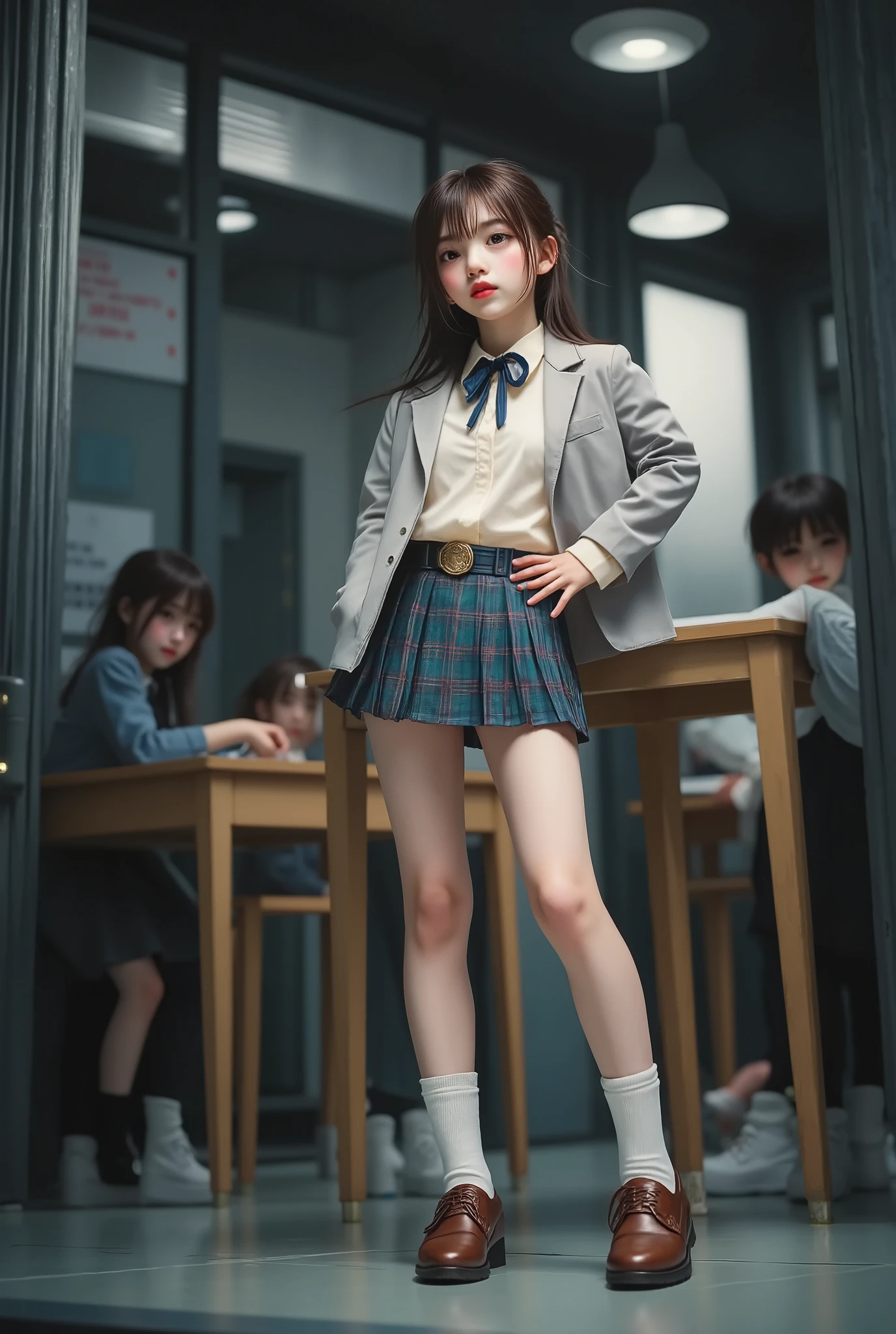 (light smile), (smile), (grin:), in the night, (full body shot:1.2), cute ung girl,cute young girl, (from below:1.4), (Worm’s-eye View:1.2), (wide-angle lens:1.3), (lower angle:1.3), (flat chest:1.4), (full body shot), (long legs:1.6), slim body, thin legs, thin thighs a girl, from front, small hips, Japanese girl, (model style body:1.2), POV shot, looking down at the Viewer,
Japanese traditional school girl’s uniform, brezar, taillored jacke8, light grey, jacket, dress shirt, ivory, stand−up collor, with ribbon−tie, dark blue, belt, leather, dark brown, with gold buckle, mini skirt, pleated, tartan, ankle socks, white, role up,
penny loafer. brown. loafer. (a masterpiece:1.2), (the higaringhest quality:1.2), super detail, best quality, retina, UHD, accurate, anatomically correct, textured skin, super detail, high details, high quality, award winning, best quality, highres, 1080P, retina, UHD, HD, 4K, 8k, 16k,
brown hair, medium hair, wavy hair, twin drills, asymmetrical bangs, twin braids with double bun,
she is standing with both hands on hips, in the class room, the lights are out, there are many students sitting on their chairs, (A strong light shines on her, darkening everything else.),