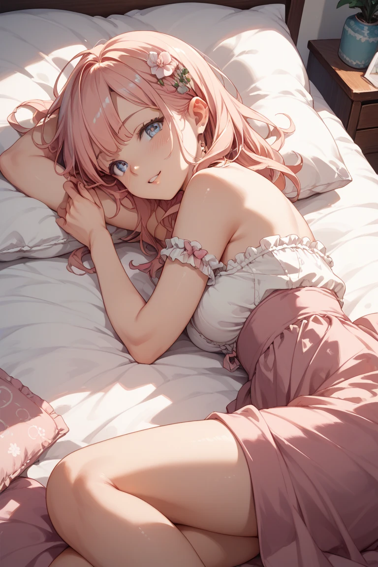 Masterpiece, best quality, super detailed, illustration, beautiful detailed eyes, close up, 1 girl, pink hair, white dress, lying on sofa