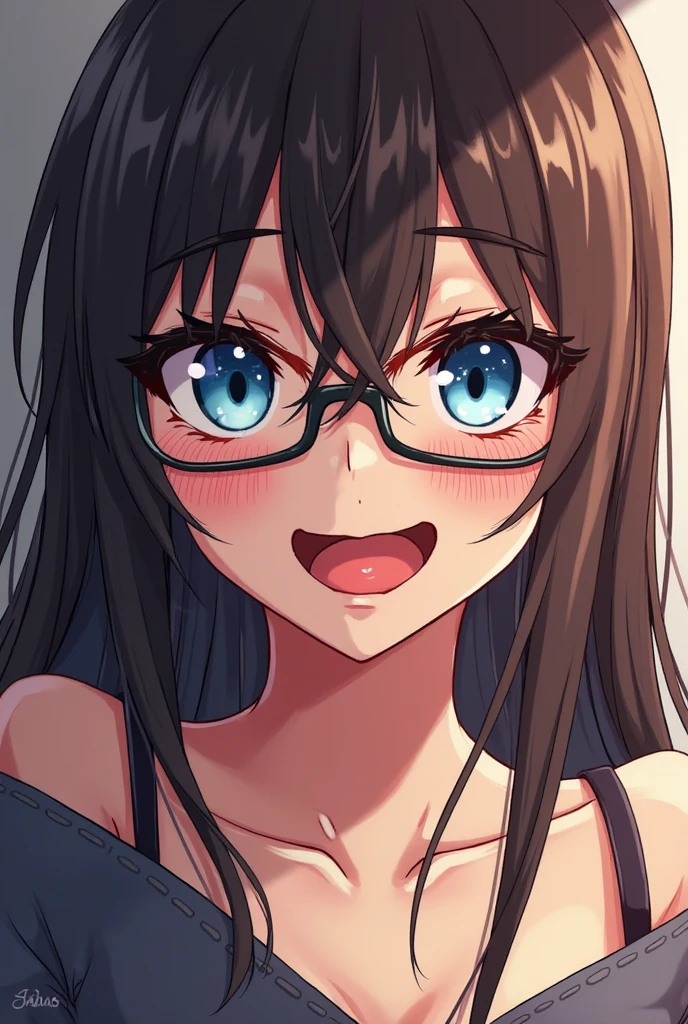 ultra-detailliert, Best Quality, High resolution, animesque、 ((A cute little girl with black hair and big sagging eyes wears large round glasses.))、Pretty eyes、Detailed eye depiction、Eye sparkle、deep detailed eyes, Looking at Viewer, pale skin、(((Petite))), (flat chest:1.5), (blush:1.2), (big eye:1.4), happy smile, in class room, Focus on the face, Long hair, ((super close up of tongue))、(((from above))), open mouth, (((face only))), ((naked)), oral invitation, saliva trail, nsfw, drooling