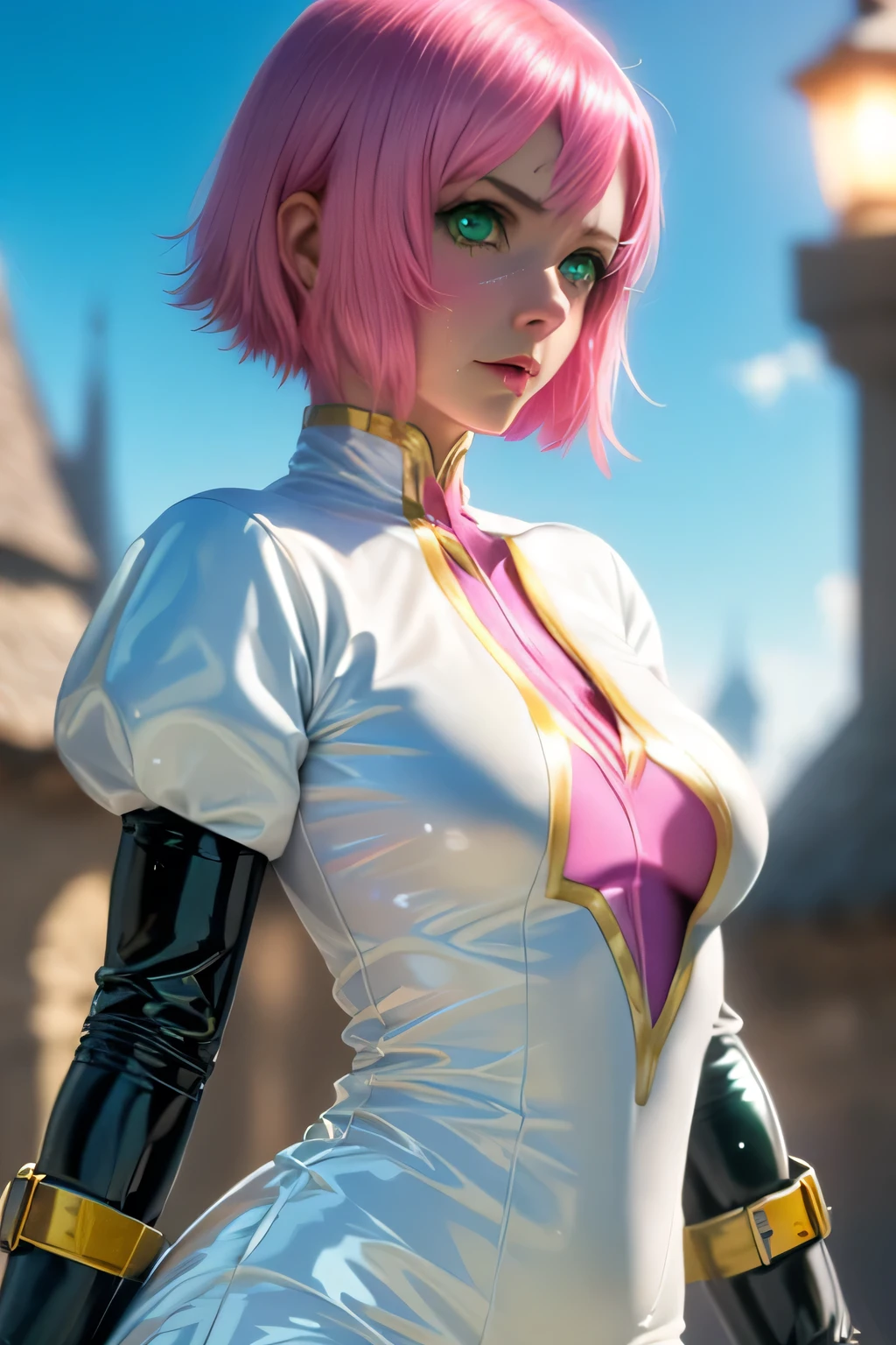 high angle, action shot artwork of an (angry) (furious) young anime girl hero,  low light, [flat chest], pink eyebrows, (fighting stance), skinny, messy pink hair, very short hair, big eyes, good lighting, (downtown tokyo look), detailed and beautiful eyes, detailed face, slow motion, intricate detail, Intricate, High Detail, dramatic, wearing white leotard with pink hem, pink elbow gloves, pink boots, bare shoulders, ((wearing short cape)), (skin indentation), detailed shadows, full lips, city in background, toned body, [[muscles]], pale white skin, (pink glowing eyes), small breasts, full body, (wide hips), pink lipstick, gloves, detailed muscles, heart clothes cutout, fighting, combat, bruce lee pose
