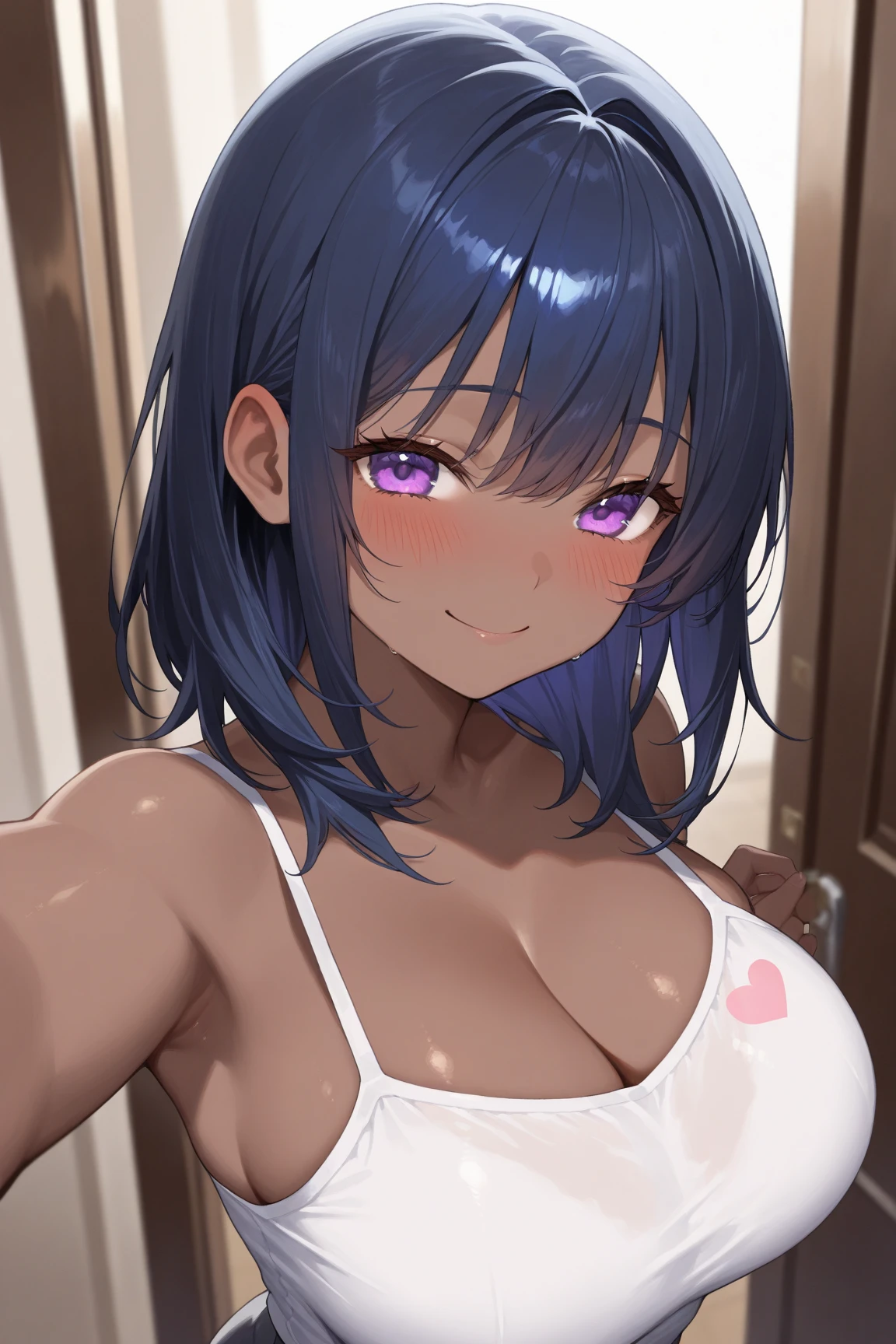 (((dark skin))), (dark brown skin),(pubic hair),Blue Hair,Medium Hair,Purple eyes,Hands behind body,Dynamic Angle,Bright natural light,sidelighting,blush,smile,Glowing Skin,Big Breasts,naked,Nipples,Anal,22 years old,adult,CG,((Highest quality)), ((masterpiece)), (be familiar with), Perfect Face
