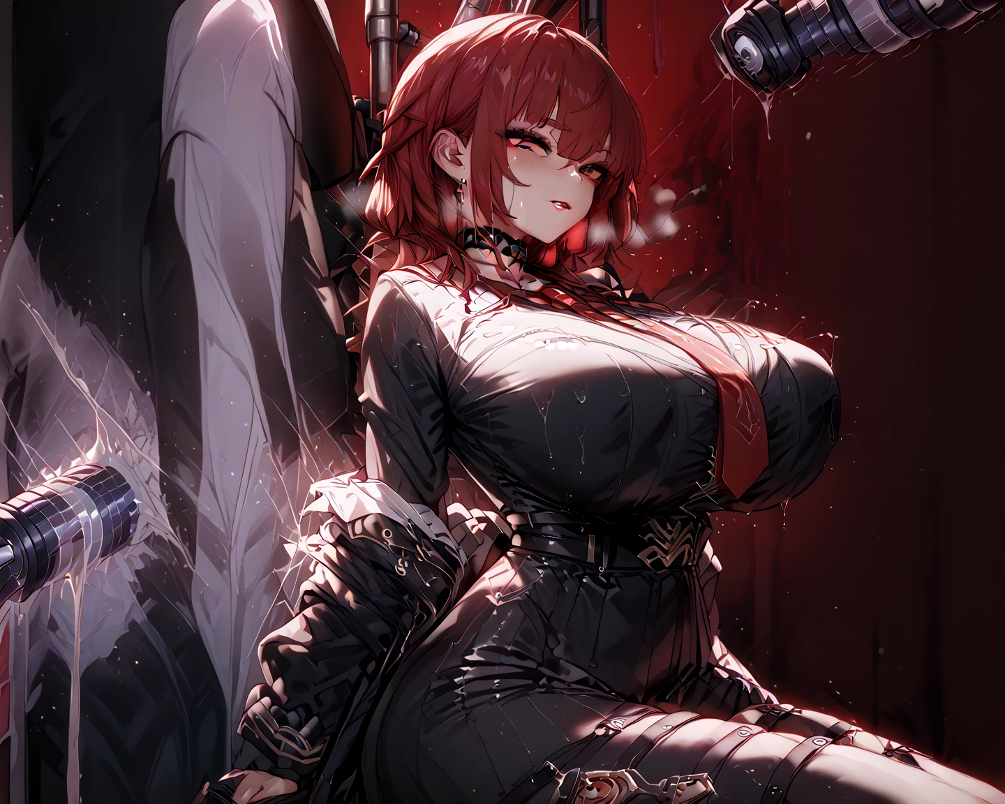 8K,​masterpiece, bset quality、 ((top-quality))、 Crisp focus:1.2、Highly detailed facial and skin texture、A detailed eye、face perfect、perfect bodies、art by、nffsw、Blur the background、20yr old,Mature cool and beautiful face、Nihilister、女の子1人、独奏、Unkempt hair、((eye line、eye liner、elongated eyes、Tsuriformes、Vanity fair、痴女、((1boy、big penis、oral, Licking, Licking the penis, put out the tongue)),and))、red blush、Cinematographic lighting、from the chest up、Upper body only、extreme close-up 、((Mechanical parts, mechanical arms, machinery, dragon tail, pelvis curtain, Leotard, Red Eyes, Huge breasts))、body suit、Covered navel、dent in the skin、Dungeon at night、Stone cellar、Dark Prison、Dark Dungeon、Tempting、Torn clothes、looking at viewert、(Shiny skin、Oiled skin, glistning skin、high gloss skin)、(Nihilister is licking a man's penis）