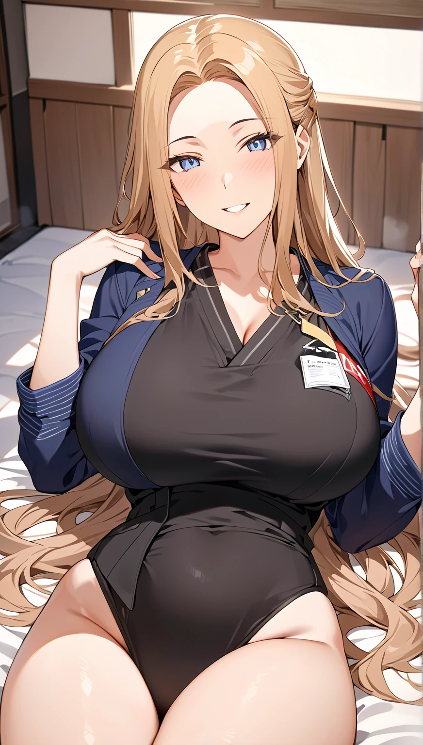 Fraction_9, Fraction_8_Direction_7_up, src_Japanese cartoons, 1 Girl, Solitary, indoors, pale, Mature female,bikini, Green Eyes, Blonde hair,whole body,Open shirt,Long hair