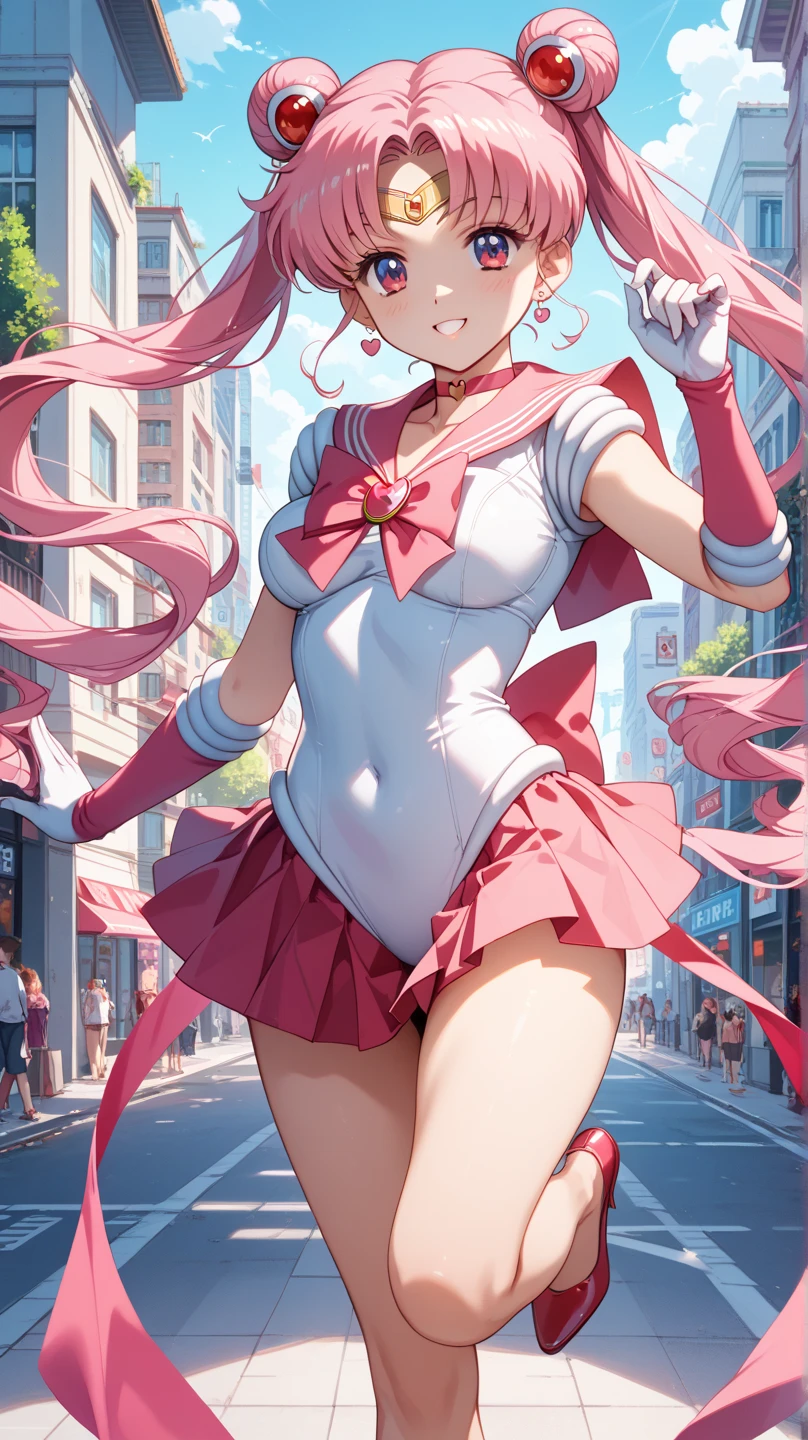 beautiful girl, anime girl, beautiful eyes, big breasts, big ass, pink hair, blue eyes, long hair, teen, magical girl, long socks, skirt, staff, illuminate butterfly, kind girl, night time, from front, skyscraper background, 4k