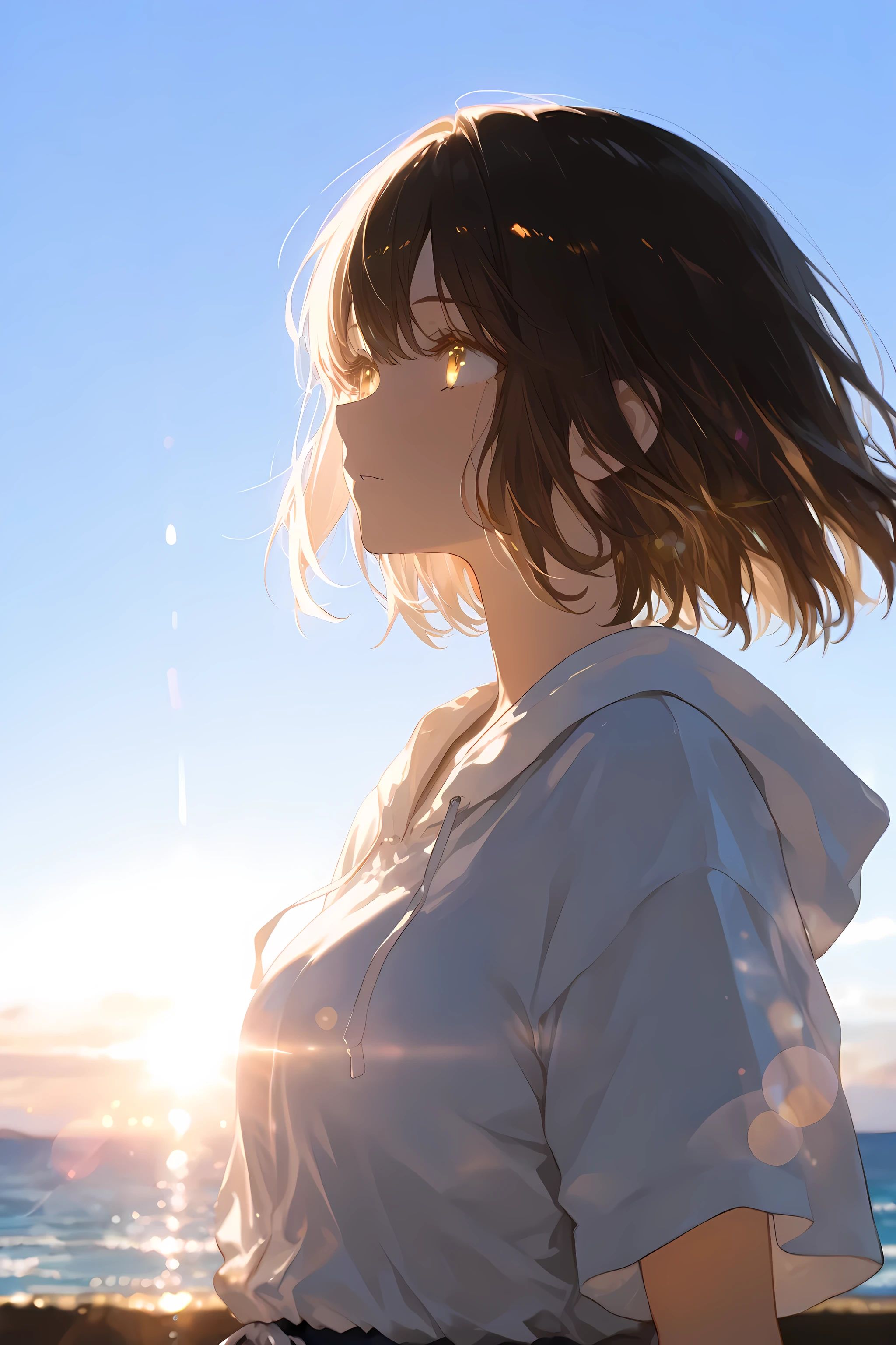 masterpiece, best quality, high quality, absurdres,ultra-detailed, 1girl, summer, midday, bright sunlight, lens flare, clear sky, glowing light, soft shadows, natural light