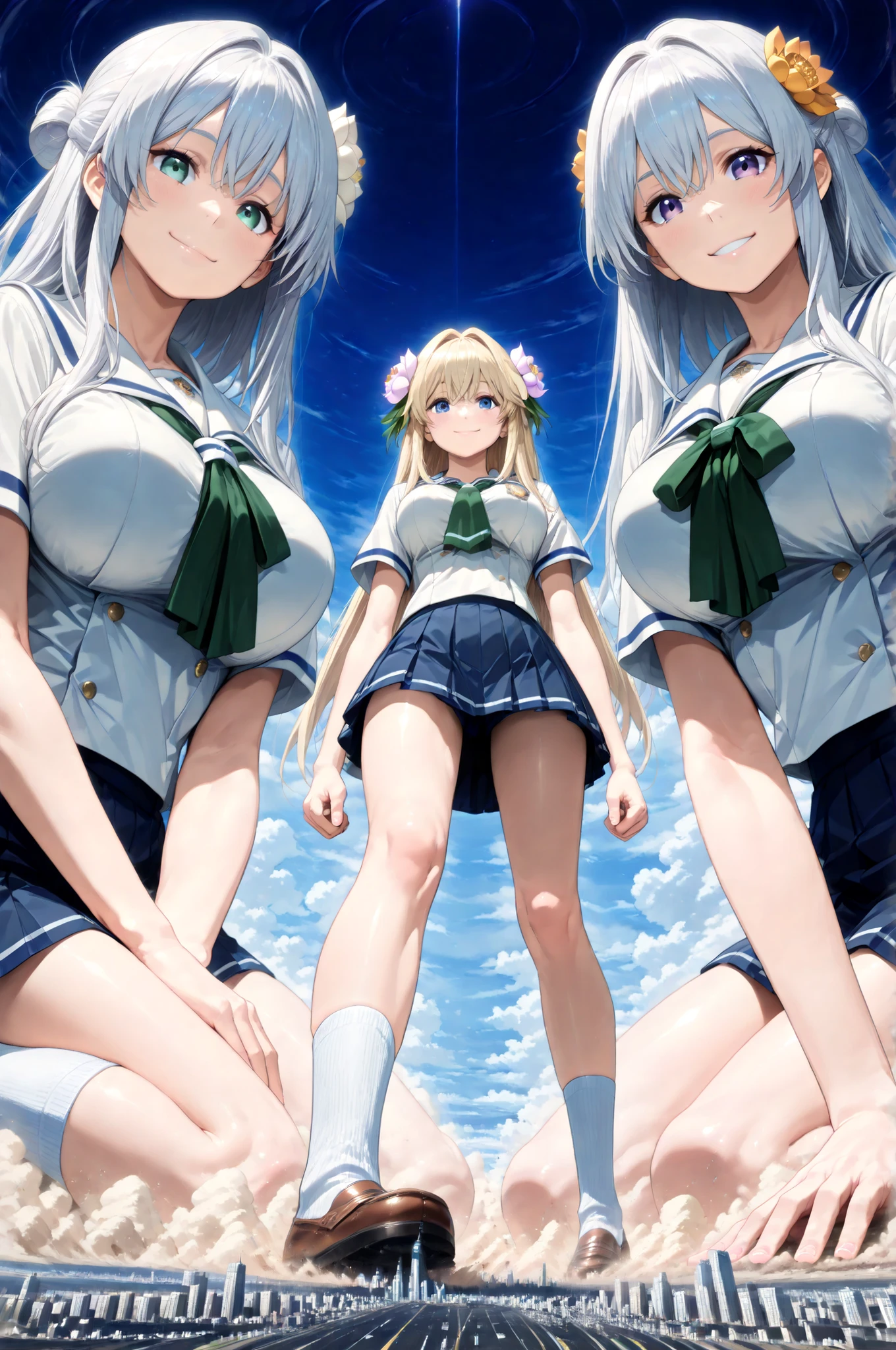 ((lying on the ground super close super close big boobs super close hands super close)), Twins Clone Lily Hug, Clones crowd,
(very super big breasts, moist female body, beautiful skin, Clothed woman, summer schoolgirl uniform, miniskirt, white socks, Rin々Shikumo's smile is cute smile),
(((super yotta over size giantess:1.3))), ((Extremely detailed and ultra-fine ultra-tiny cities, collapsing city, Dust cloud, Catastrophic World Collapse Depiction)), Outdoors(From directly below the giant:1.3),
(Super quality Best masterpiece, Highest image quality, super high resolution, Super precise real art quality, daylight, Very accurate RAW correction), best quality, The sky is high,
((accurate 3Point perspective drawing, Very Accurate Perspective Depiction, Ultra-wide field of view, the closer it is, the more super huge depiction)),
Rubble Mountains, Tsuchi-Tsunami, The ground rolls up, (((A sense of dynamism that destroys, Depiction of a Super Giant Woman with More Super Huge Impact))),
