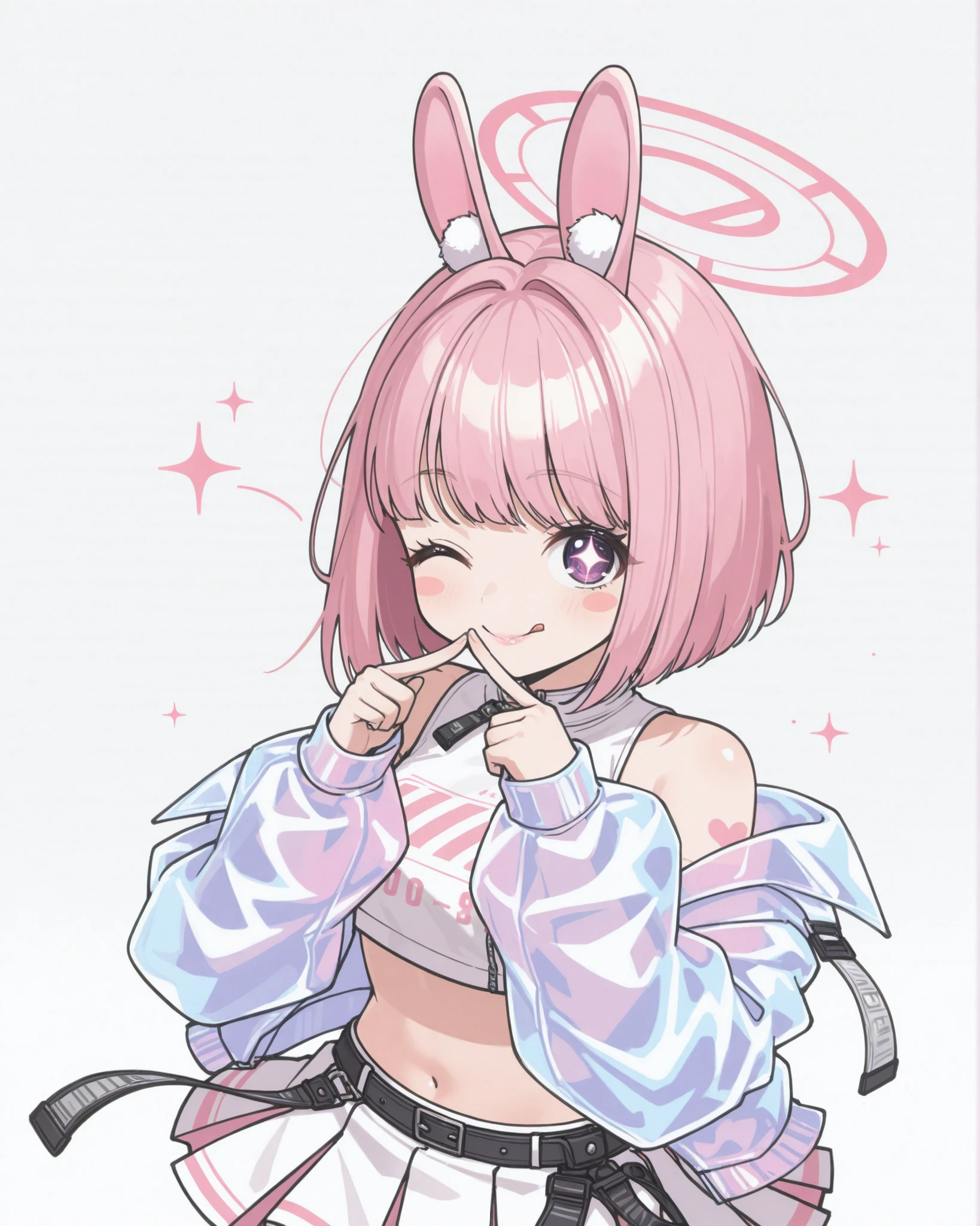 Nikkepose,anime girl kemonomimi, bunny ears with soft fur, short pastel pink bob hair, shiny lips, expressive eyes with sparkles, holographic jacket, crop top, pleated mini skirt, 3/4 bust portrait, playful wink, white background with floating hearts, stickers on cheeks, pastel Y2K palette, clean shojo linework, pop aesthetic