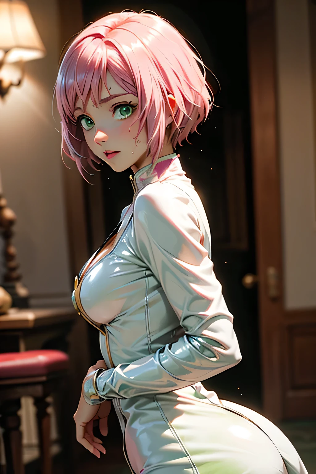 best quality, masterpiece, highres, solo,solo,20yo,beautiful face,uppser body,hair over one eye,medium sidecut, blonde hair, sharp focus,black business suit,mash_kyrielight_fgo,mash,fgo,pink hair,large breast,sexy,