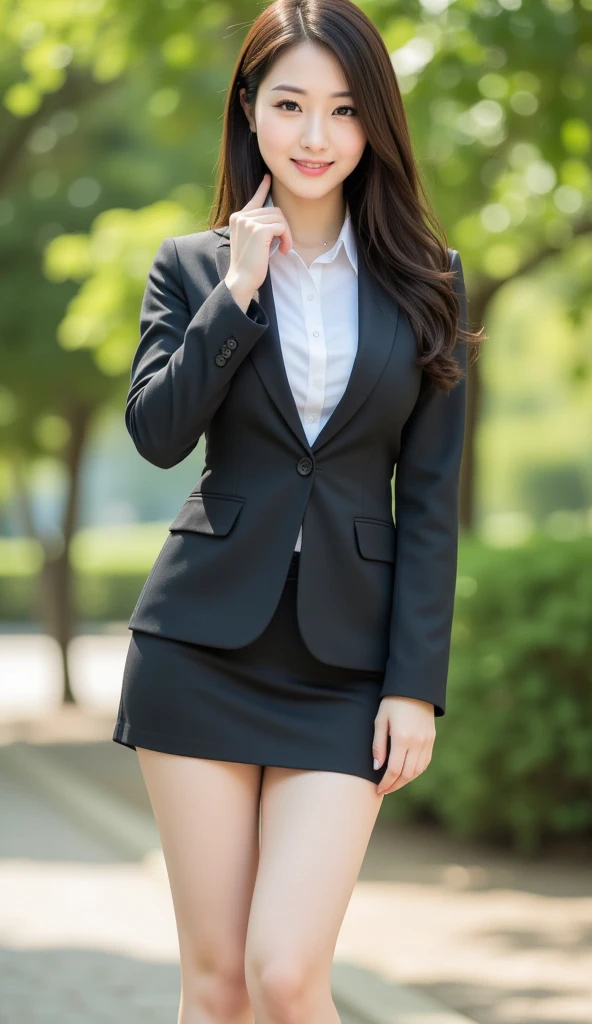 Woman in a suit standing on the sidewalk,((25-year-old woman))、small Breasts、Dark brown hair color、Hairstyle with bangs、Various hairstyles、Hairstyles of different lengths、(8k, RAW Photos, highest quality, Tabletop: 1.2),、(Realistic, Realistic: 1.3), Cityscape, Day, Sunny Morning, Professional Lighting, Photon Mapping, shirt, (Woman in a suit,) Silk Suit、Pencil Skirt、Tight Skirt、((Delicate photo))，(Detailed RAW Photos of Girls), (Tabletop:1.25), (highest quality:1.6), (超A high resolution:1.5), (Realistic:1.75), 8k resolution, Canon EOS R5, 50mm, absurdes, Ultra-detailed,Cinema Lighting, (Skirt Lift:1.2)、nsfw、the wind is strong、smile、Skirt flipped up、sexy white panties