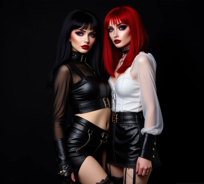 (2 girl) in dance concert , standing front of stage, (Blue jacket) , black&white skirt(long), Wild rebel haircut, short red hair, dark red lips, dark heavy eyeshadow, piercings, lip rings, earrings, eyebrow rings, nipple rings, goth, dungeon, dark, dimmed light , dark erotic fantasy,NSFw,pinkish face