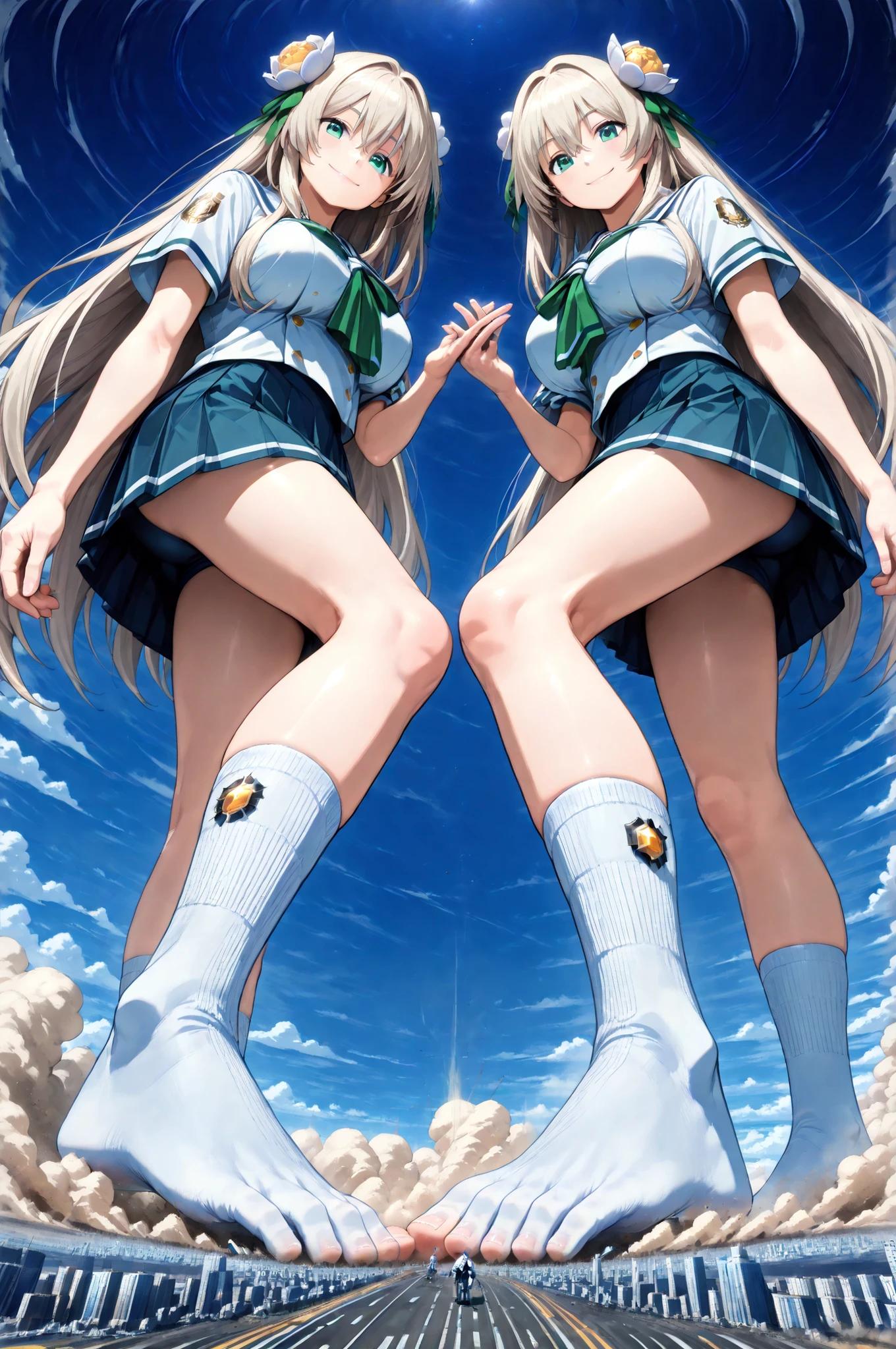 multiple girls, 3girls, standing, giantess art, highly detailed giantess shots, giantess, most detailed, perfect face, Two legs, Five fingers, short hair, A high school girl who is bigger than a skyscraper, Wearing rimless glasses, smile, huge breasts, Navy blazer, Red tie, mini skirt, black pantyhose, no shoes on, toes visible through pantyhose, Steam coming out from the soles of my feet, seaside metropolis, numerous miniature warships on the sea, Destroying cities, Under heavy attack, A very small big city, Miniature metropolis, Full body description, GTS, giga giantess, stomping city, crash city, tiny city, micro city, pantyhose feet, High resolution, highest quality, masterpiece,