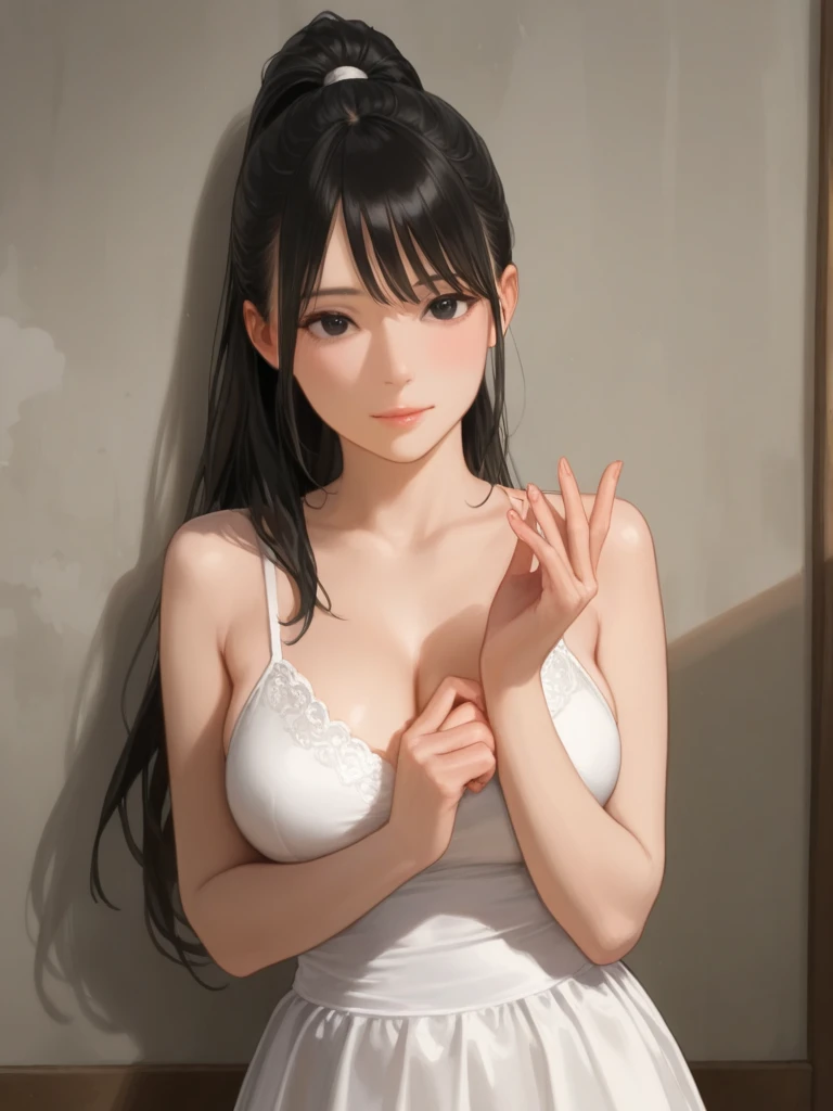(((masterpiece))), (((best quality))), ((ultra-detailed)), (highly detailed CG illustration), Boa Hancock, (nsfw:1.4), (masterpiece:1.5), Detailed Photo, Smiling, Sexy, (Best Quality: 1.4), (1girl), Beautiful Face, (Black Hair, long Hair: 1.3), Beautiful Hairstyle,  beautiful detail eyes, (realistic skin), beautiful skin, absurd, attractive, ultra high resolution, high definition, (sexually aroused:1.5), Pinkish white skin, cool white light, sexy pose, Beautiful , white background, pink soft white light, Wear a white tank top,