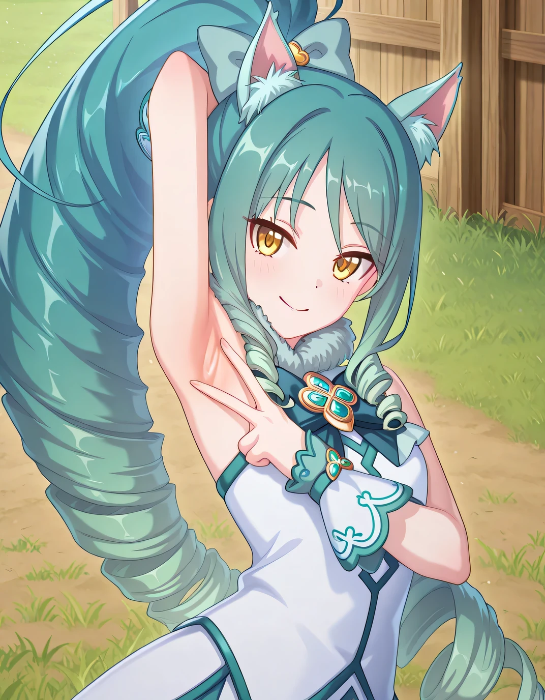 pcrshio, animal ears, animal ear fluff, gradient hair, yellow eyes, pshiomag, green hair, aqua hair, very long hair, ponytail, drill hair, magical girl, hair bow, fur collar, sleeveless dress, bowtie, club \(shape\), jewelry, white shirt, anime screencap, high quality, solo, sunsetting, farm, grass, <lora:spread-armpit-illustriousxl-lora-nochekaiser:1>, spread armpit, armpits, armpit focus, v, ((contrapposto)), closed mouth, upper body, looking at viewer, smile, best quality
