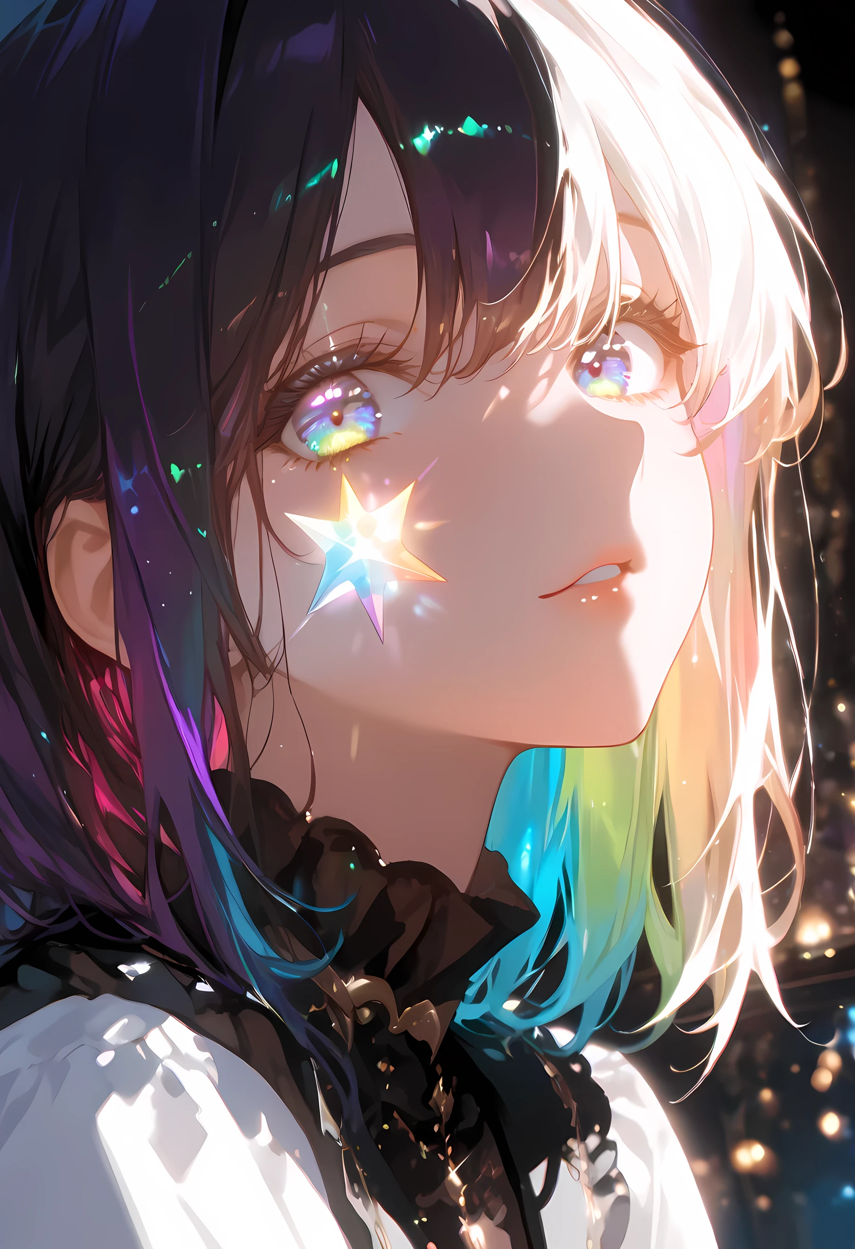 masterpiece, best quality, high quality,ultra-detailed, 1girl with rainbow streaks across face, prism lighting through mist, glowing light reflecting in eyes, soft magical tone
