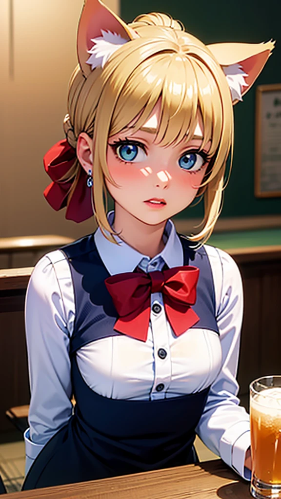 (masterpiece:1.2, highest quality), (Realistic, photoRealistic:1.4), Beautiful illustrations, (Natural Side Lighting, Cinema Lighting), Written boundary depth, Looking at the audience, Front view, 1 girl, Asian, 15 years old, Perfect Face, Symmetrical cute face, Pale skin, Shiny skin, Asymmetrical bangs, Big eyes, Droopy eyess, Long eyelashes, thin, Beautiful Hair, Beautiful Face, Beautiful and beautiful eyes, Beautiful clavicle, Beautiful body, Beautiful breasts, Beautiful thighs, Beautiful legs, Beautiful fingers, ((High-quality fabric, brown knit vest, Short sleeve white collar shirt, Navy Pleated Skirt, Navy bow tie )), (vaginal Sex:1.5), (Beautiful views), evening, Droopy eyes, (Cum in pussy:1.5), Sex, erotic, Cum in pussy, Heterosexual, Mole, Mole under eye, (smile, Superior, Open your mouth)、chisato nishikigi, short hair, bangs, blonde hair, (red eyes:1.5), hair ribbon, one side up, bob cut,