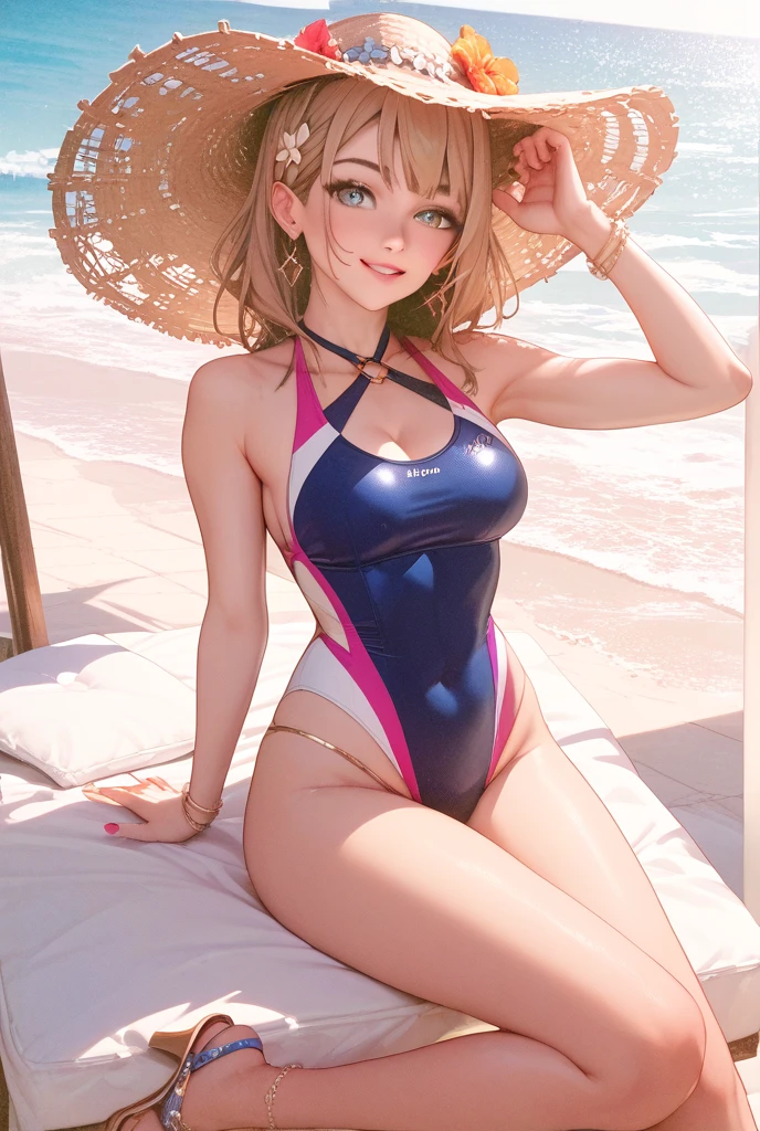 (masterpiece:1.2, Highest quality), (Realistic, photoRealistic:1.4), Beautiful illustrations, (Natural Side Lighting, Cinema Lighting), Browsing Caution, 
View your viewers, Cowboy Shot, 1 girl, Japanese, Idol Sculpture, high school girl, Perfect Face, Cute and symmetrical face, Sunburn, Glowing Skin, thin, 
(short hair:1.2, Side Ponytail:1.2, Blonde), Parted bangs, Golden Eyes, Long eyelashes, (Large Breasts:0.6), 
Beautiful Hair, Beautiful Face, Beautiful attention to detail, Beautiful clavicle, Beautiful body, Beautiful breasts, Beautiful thighs, Beautiful feet, Beautiful fingers, 
((Blue swimsuit), Black choker, Wrist Chakra), 
(Beautiful views), Tropical beach, (Cute smile, Upward glance),
