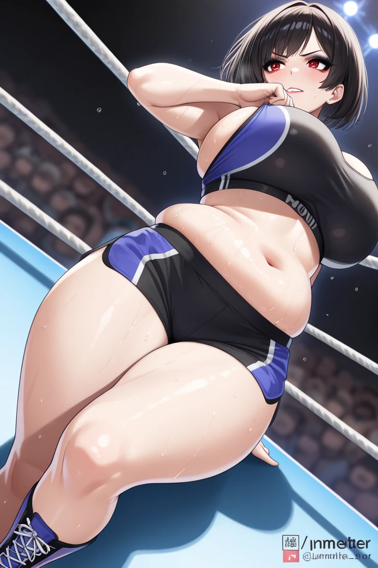 full body photographed、​masterpiece、top-quality、hight resolution、Dark hair、Big eyes、weak、high legs cut、Very small bikini、white sporty boots、Sweaty skin、Professional wrestling venues、professional wrestling、（（On the ring of professional wrestling：1.1））、Red face、45 year old woman、Middle-aged woman （（She's standing：1.2））、（Sagging udder:1.2）、Embarrassed look、a little fat、big butts