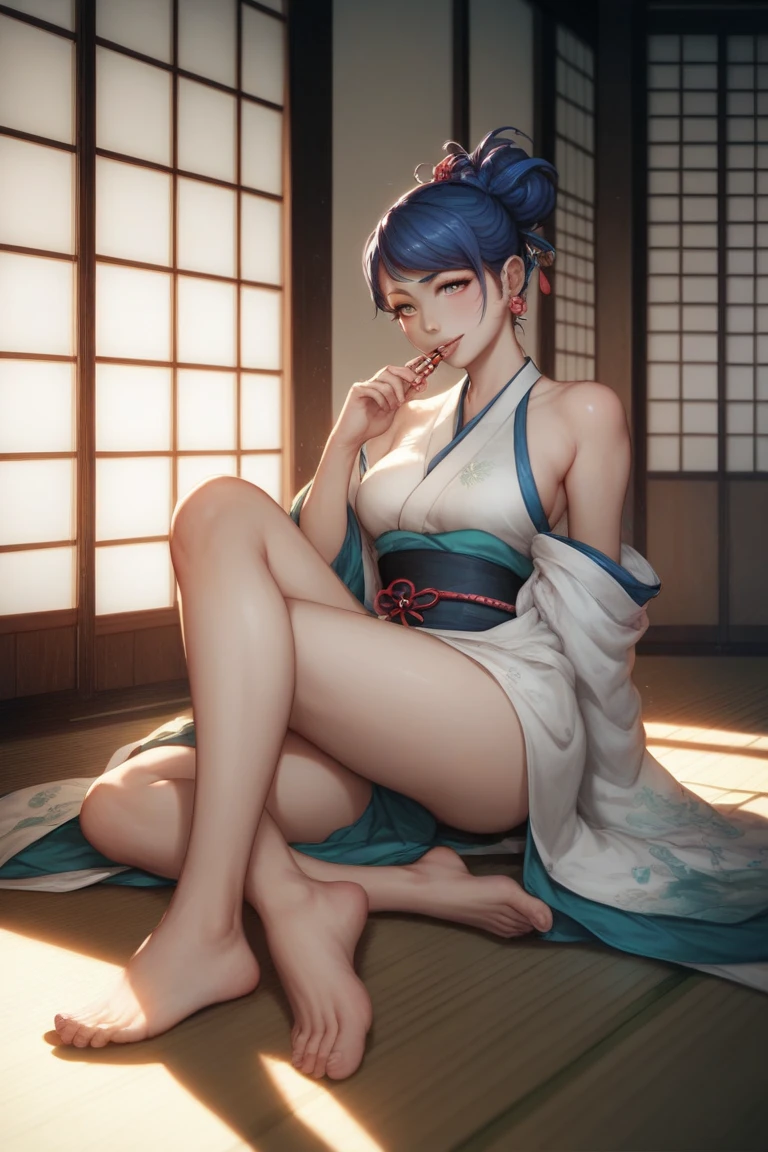 ((best quality)), ((best detailed)), (perfect face), 1makeup lady , 30years old, night view, (gleaming skin nude), (insert my Penis into the vagina), (ecstasy) , pussy juice, japan style bedroom, take off kimono, (deep shadow), from below, (spread legs), sitting on 1boy, ((Beautiful long legs)), slim waisted, beautiful breast and nipple, slim ,high heel, chignon, black hair, kanzashi, looking at viewer ,full body shot, earrings, in heat, bracelet, anklet, (embarrassed,blush:1.3)
