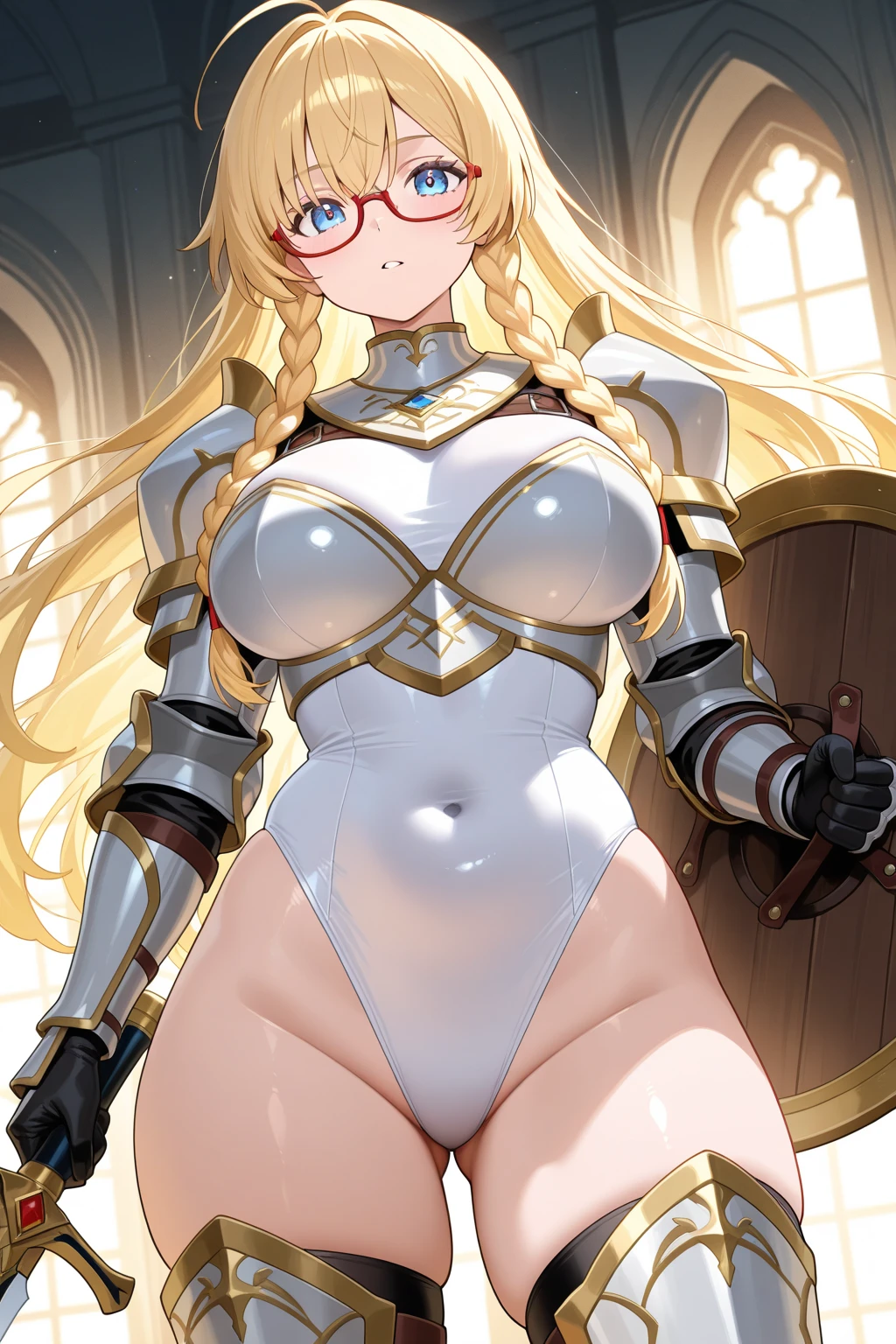 Very detailed、Highest quality、Best image quality、masterpiece、8k、(shoulder-length blonde hair:1.5、Medium Long Hair)、(smile、Open Mouth) 、(Hilarious)、(Big eyes)、(Beautiful and shining eyes)、(Detailed anime eyes)、(Puffy eyes)、(Big Breasts:1.8、necklace)、((SFW Huge Body:1.3))、(knight armor、Wearing white bikini armor:1.5、High leg leotard、Arm Armor、Leg armor:1.5、Put on a helmet:1.5)、(Cowboy Shot)