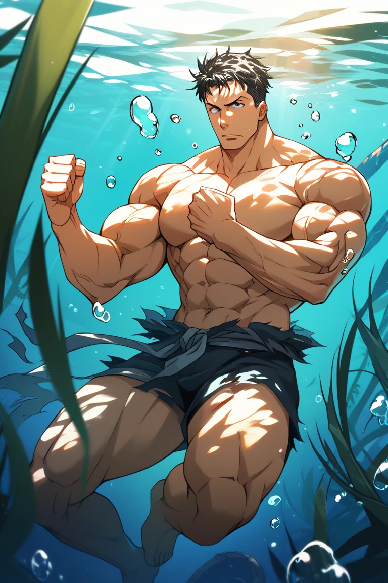 Um homem em forma, bonito, nu e musculoso, huge bodybuilder physique, com cabelo loiro curto, Red swimming speedos, a diver swimming in a vibrant underwater environment, Imagem de corpo inteiro, visto de baixo