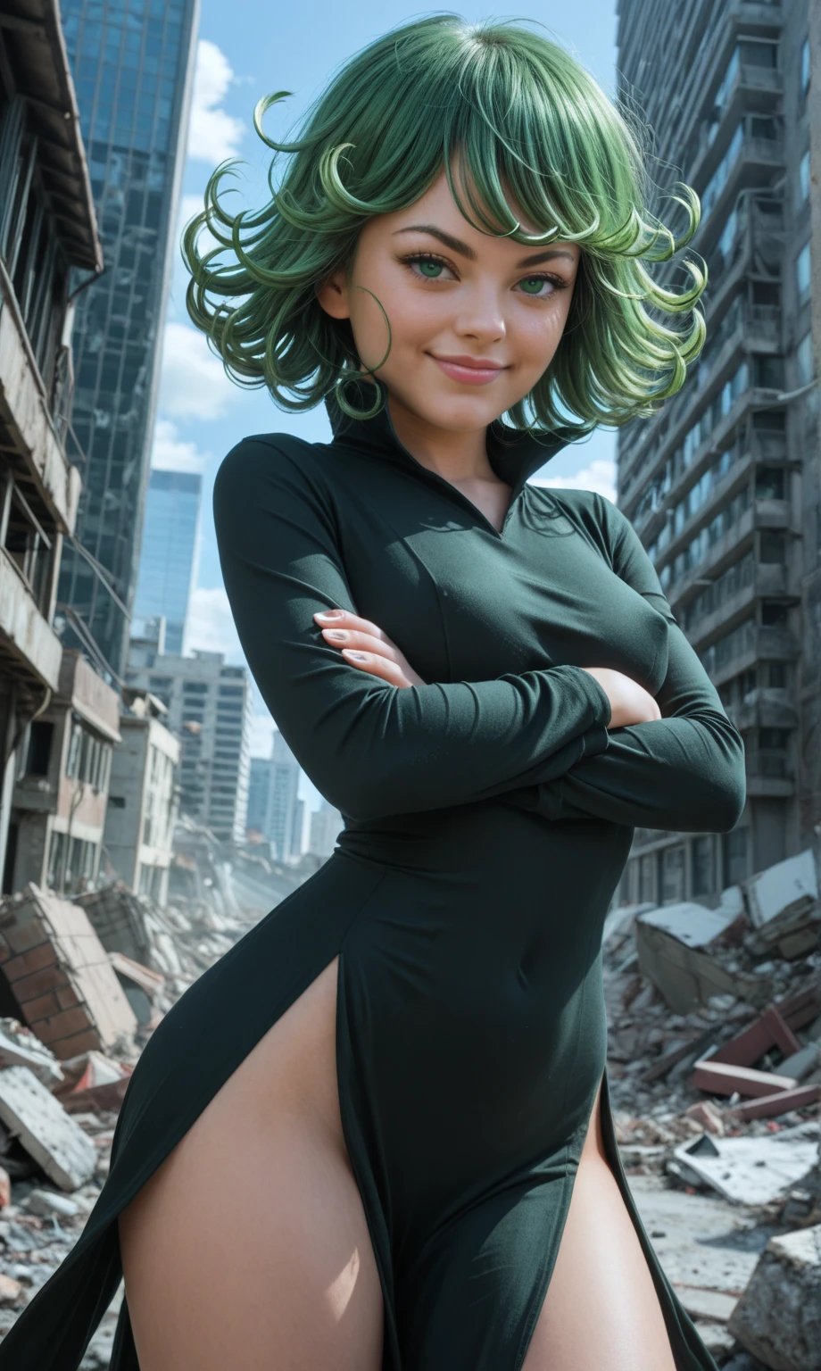 (ultra realistic,32k, masterpiece:1.2),(high detailed skin:1.1),( high quality:1.1),mature adult women,
<lora:opm_tatsumaki:0.8>tatsumaki, green hair,(green eyes:0.5),v-shaped eyebrows,angry, black long dress,long sleeves, solo, 1girl, thick thighs, (tattered torn clothing:1.1),, (looking at viewer, sitting:1.1), ,<lora:add_detail:0.93>,
(soft shaded:1.1), destroyed buildings, collapsed buildings,(falling rocks,falling particles:1.1),fire, smoke, blurry background