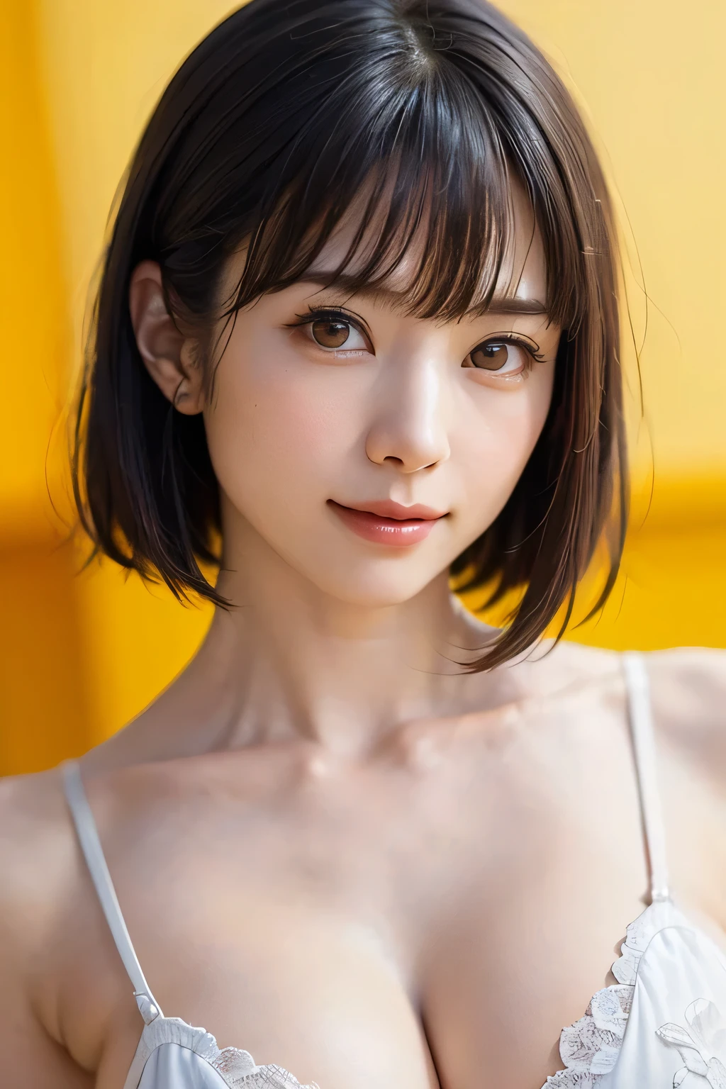 masterpiece, best quality, 8k, absurdres, (upper body:1.4), white shirt, beautiful girl, pretty face, looking at viewer, smile, ultra realistic, highres, photography, film grain, chromatic aberration, sharp focus, HDR, facelight, dynamic lighting, cinematic lighting, professional shadow, simple background, (dull yellow background:1.4), highest detailed, extreme detailed, ultra detailed, finely detail, real skin, delicate facial features, detailed face and eyes, sharp pupils, realistic pupils