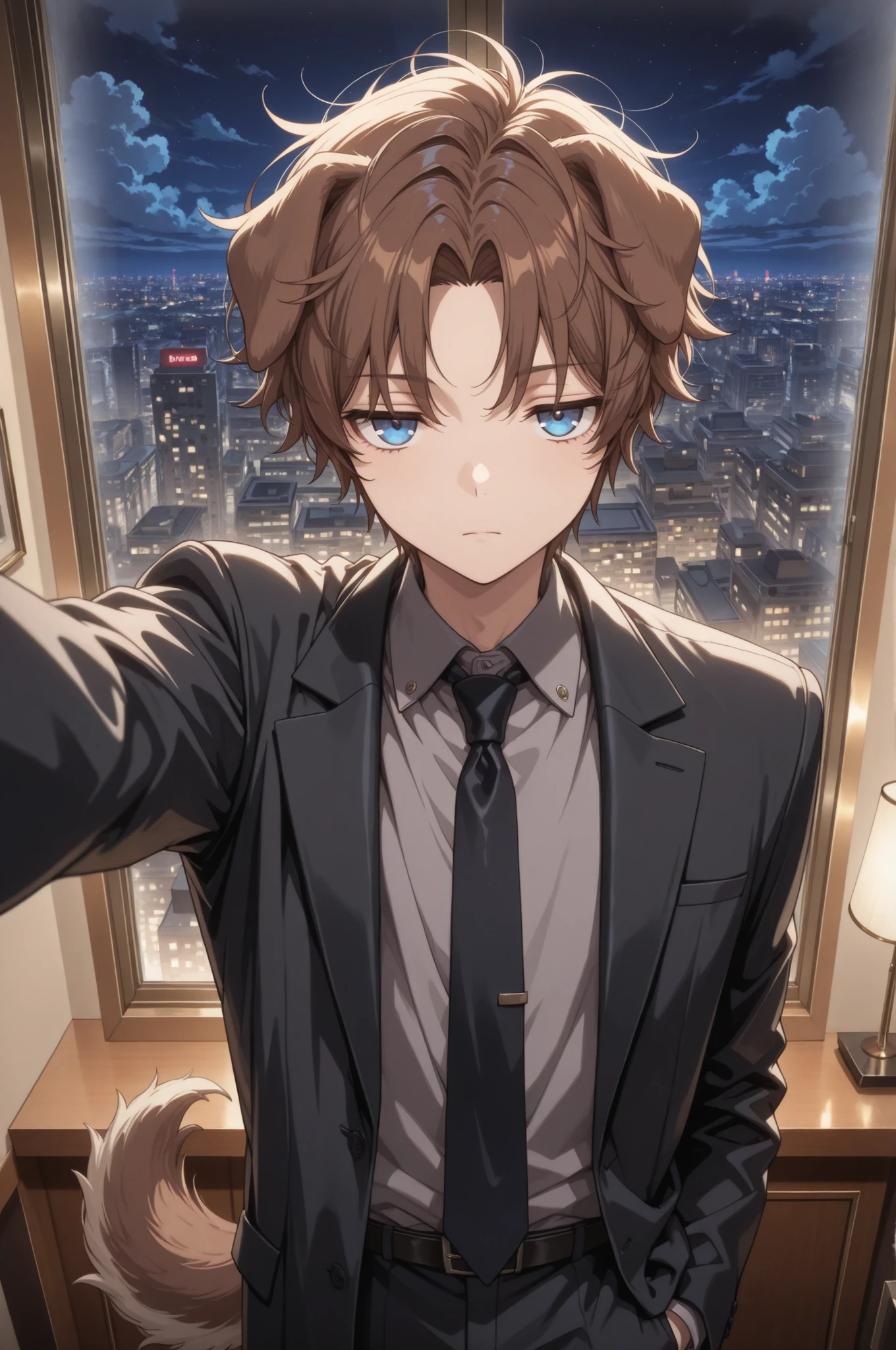 (masterpiece, detailed:1.2), 1girl, animal ears, animal tail, arm up, bishounen, black coat, black necktie, blue eyes, brown hair, cityscape, cloud, coat, collared shirt, curtained hair, dog ears, dog girl, dog tail, floppy ears, formal attire, grey shirt, hotel room, indoors, jitome, kabedon, kabedon on viewer, looking at viewer, messy hair, necktie, night, night sky, pov, reverse trap, rshirt, short hair, straight-on, window,
