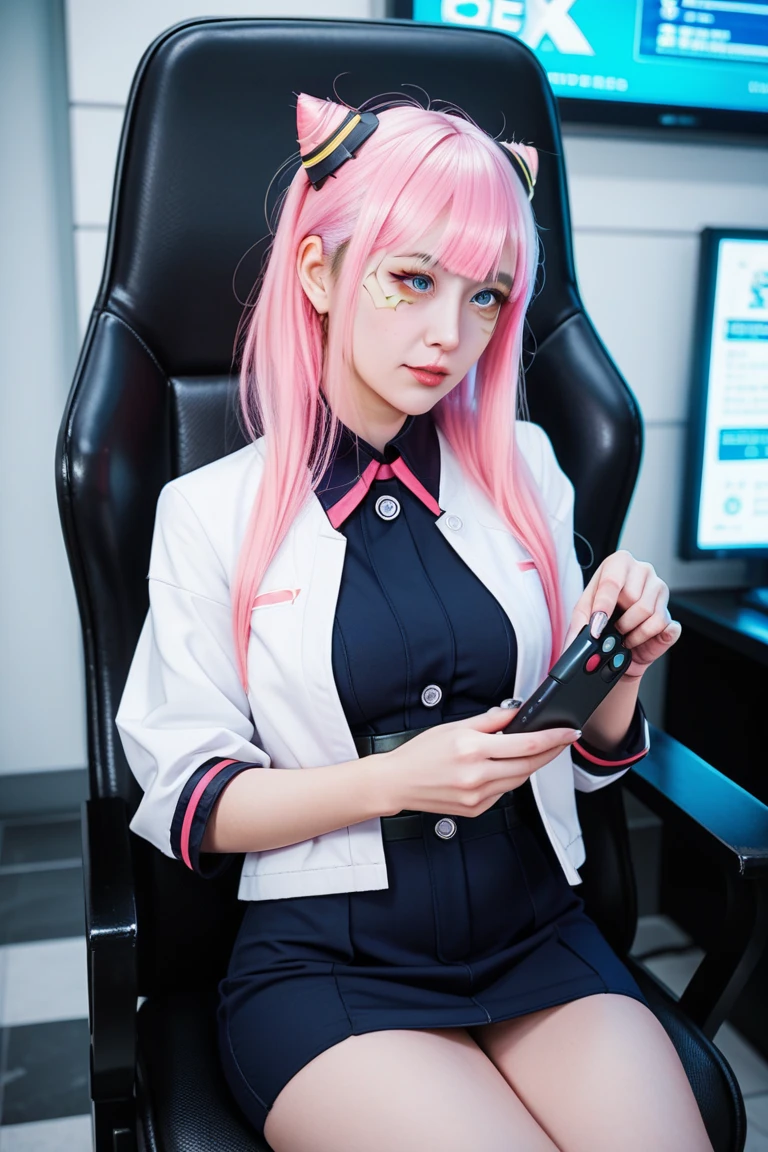 Ultra detailed, ultra-realistic, high definition, top quality, 8k, one goddess, 20 year old goddess of Japan, Japan idol, smiling female doctor with pink hair, half-up long hairstyle, wearing white knit short dress in doctor's office, white half jacket, wireless headphones (ultra-realistic), E cup big