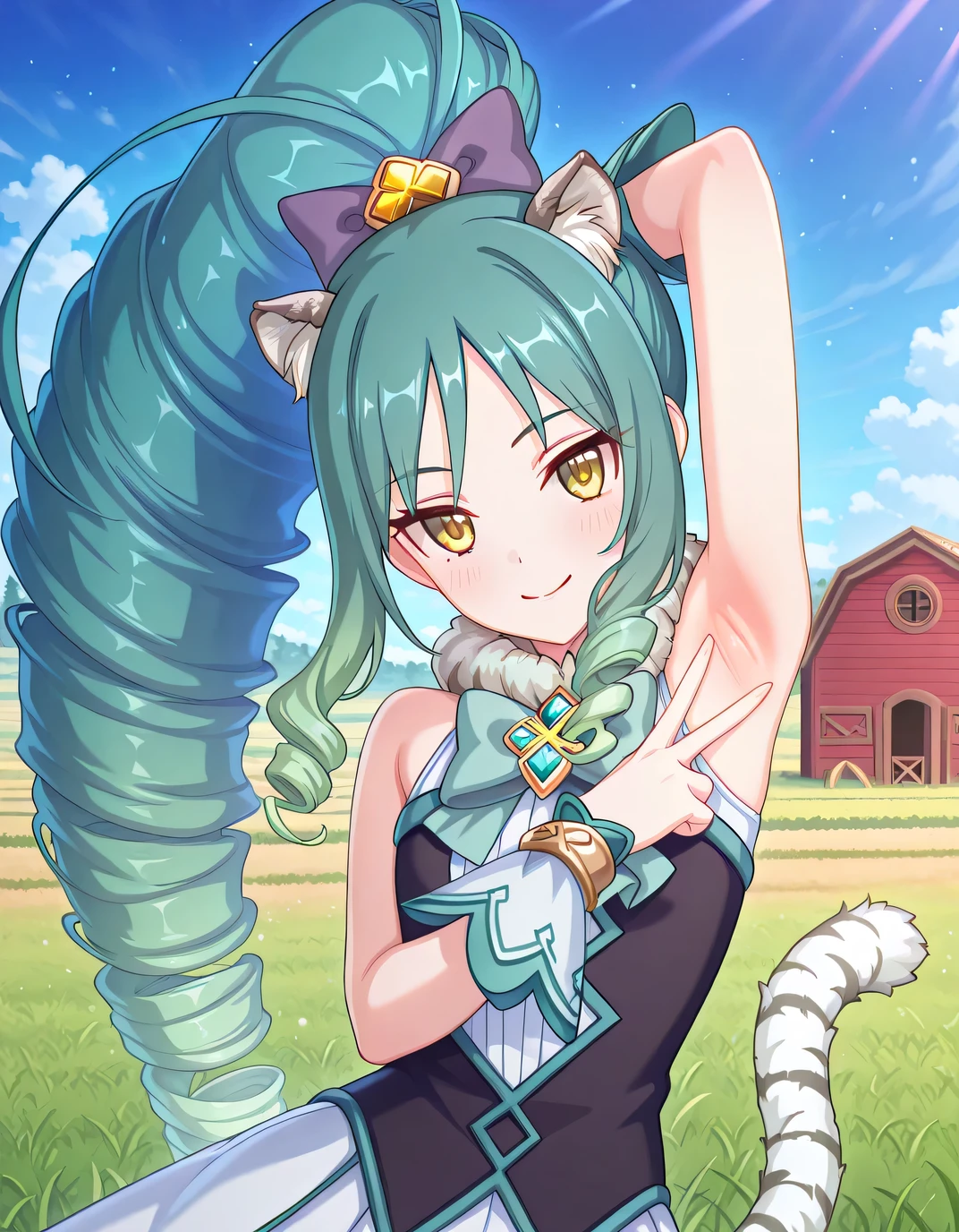 pcrshio, animal ears, animal ear fluff, gradient hair, yellow eyes, tiger tail, striped tail, pshiomag, green hair, aqua hair, very long hair, ponytail, drill hair, magical girl, hair bow, fur collar, sleeveless dress, bowtie, club \(shape\), jewelry, white shirt, anime screencap, high quality, solo, sunsetting, farm, grass, <lora:spread-armpit-illustriousxl-lora-nochekaiser:1>, spread armpit, armpits, armpit focus, v, ((contrapposto)), closed mouth, upper body, looking at viewer, smile, best quality