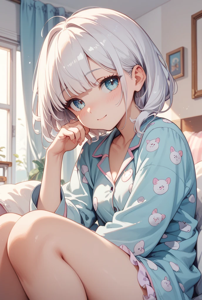 one girl、19 years old、silver hair、bob cut、unkempt、(Looks sleepy)、((Mysterious Beautiful Girl))、light blue pajamas、fox ears、bangs、blue eyes、smile、cute room bed、from thighs to head、classic、aerial perspective、detailed picture、atmosphere、(transparent),(pure)、perfect hands、Hands without distortion、The fingers of one hand are5Book、
