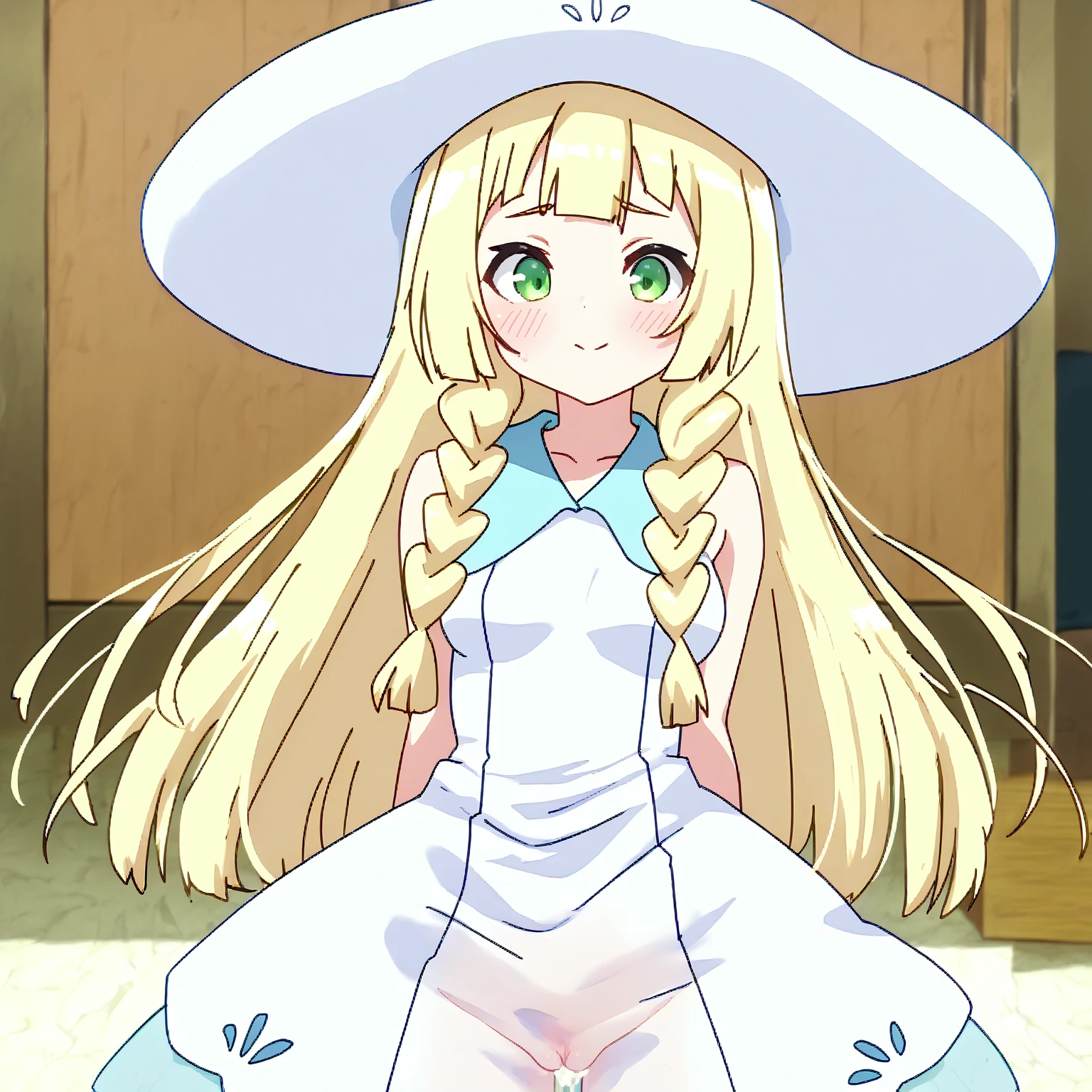 nsfw, highres, masterpiece, best quality, ultra-detailed 8k wallpaper, (detailed beautiful face:1.2), (detailed beautiful eyes:1.1), 1 girl, solo, beautiful scenery, extremely detailed CG unity 8k wallpaper, small breasts, petite, cowboy shot, (blush:1.3), bottomless,(from below:0.5),(show off pussy:1.4), float up skirt, (open legs:1.2),godpussy1, pussy, rear pussy,aalillie, long hair, braid, sun hat, white headwear, collarbone, sleeveless dress, white dress, ((Acostada)) echada ((nude)) ((desnuda))
